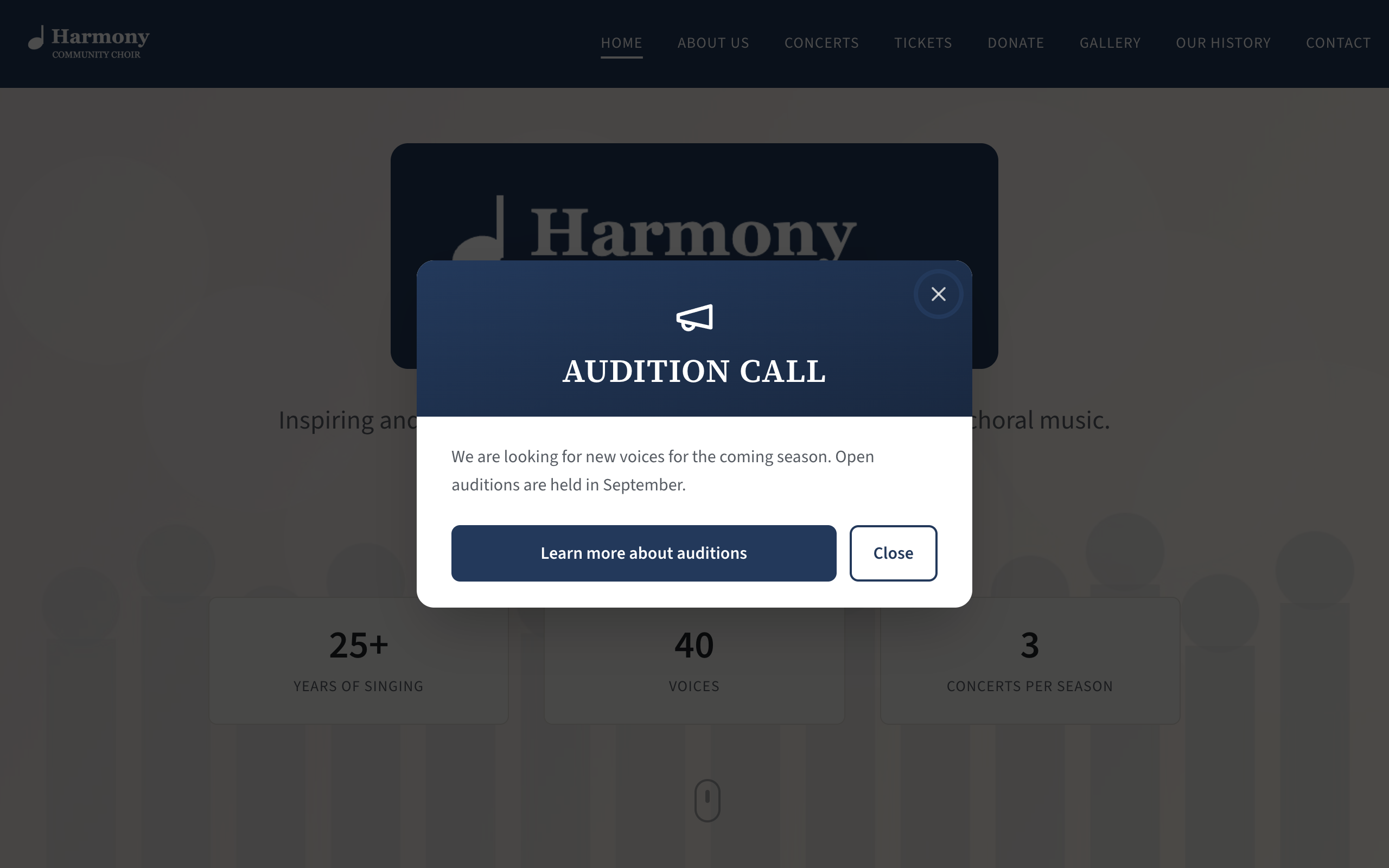The pop-up notice over the darkened public home page: a coloured band with a megaphone and the title in capitals, the message underneath, and two buttons, the notice's own button and Close