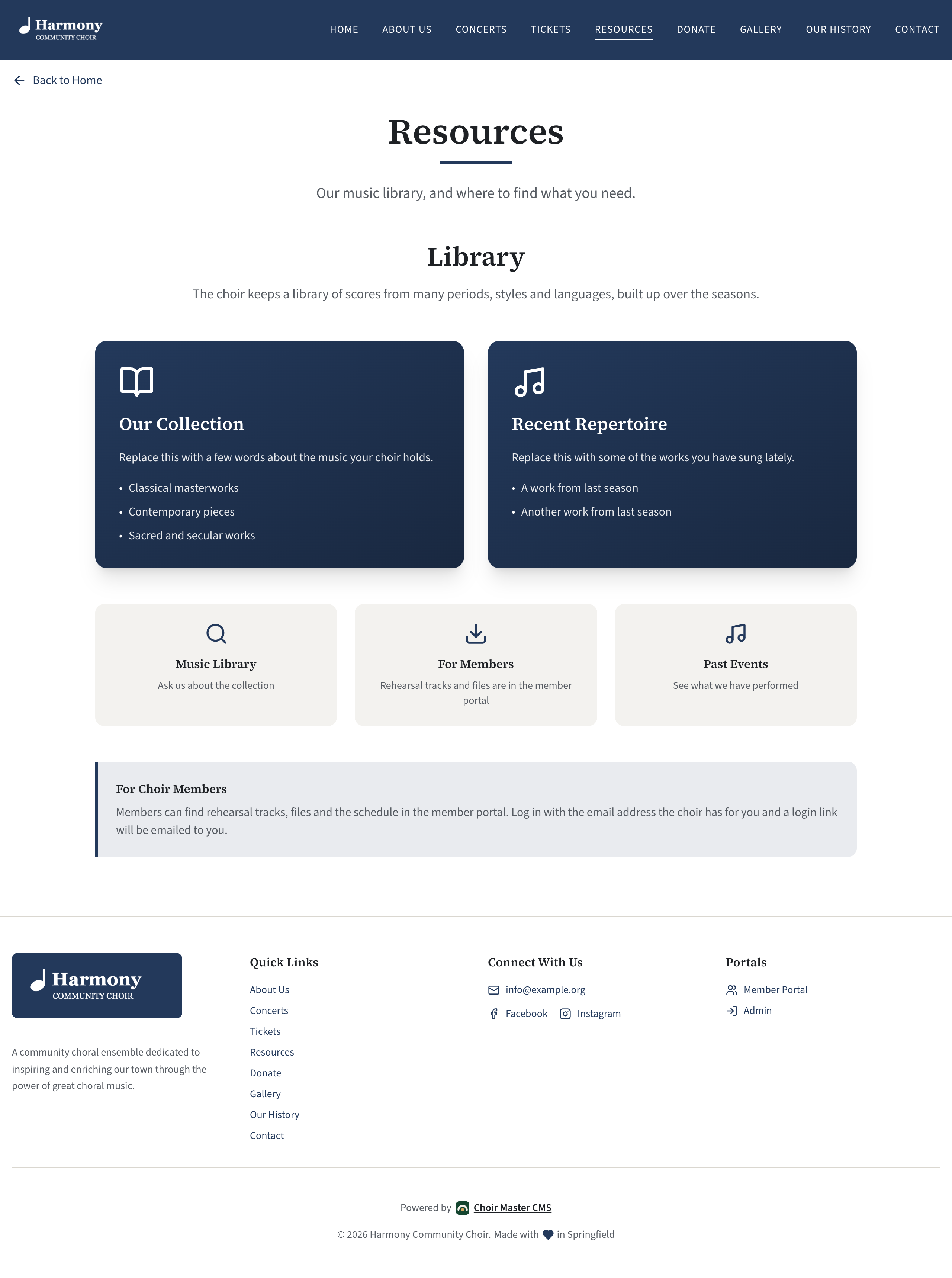 The public Resources page: a heading and introduction, a Library heading with a paragraph, two coloured cards each with an icon, a title, text and a list of points, three pale link tiles each with an icon, and a note for members with a coloured bar down its left edge
