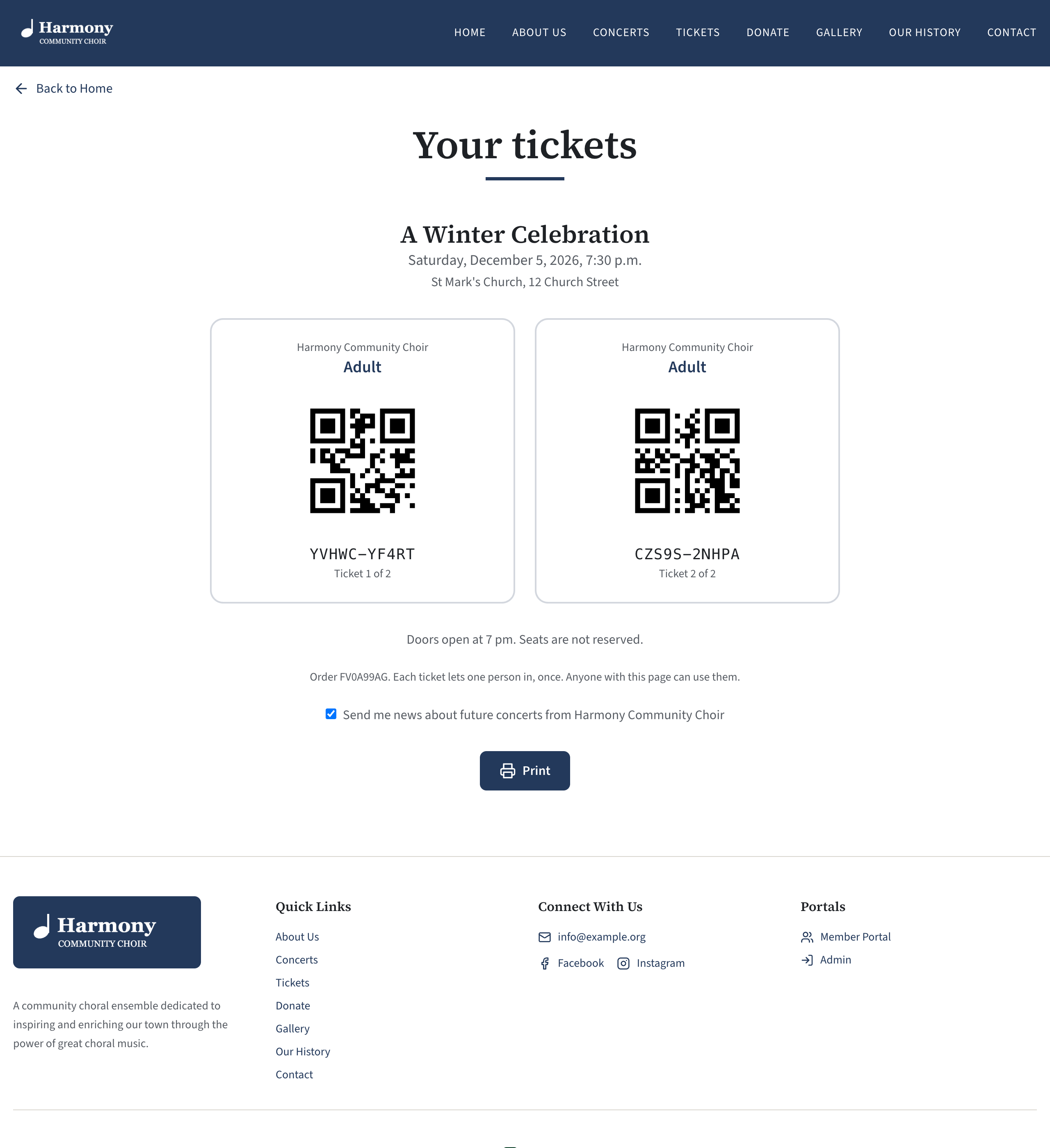 A buyer's 'Your tickets' page: the concert name, date and venue, then two ticket cards side by side, each with the choir name, the ticket type, a QR code and a code such as K7Q4M-2XPRT, and a Print button underneath