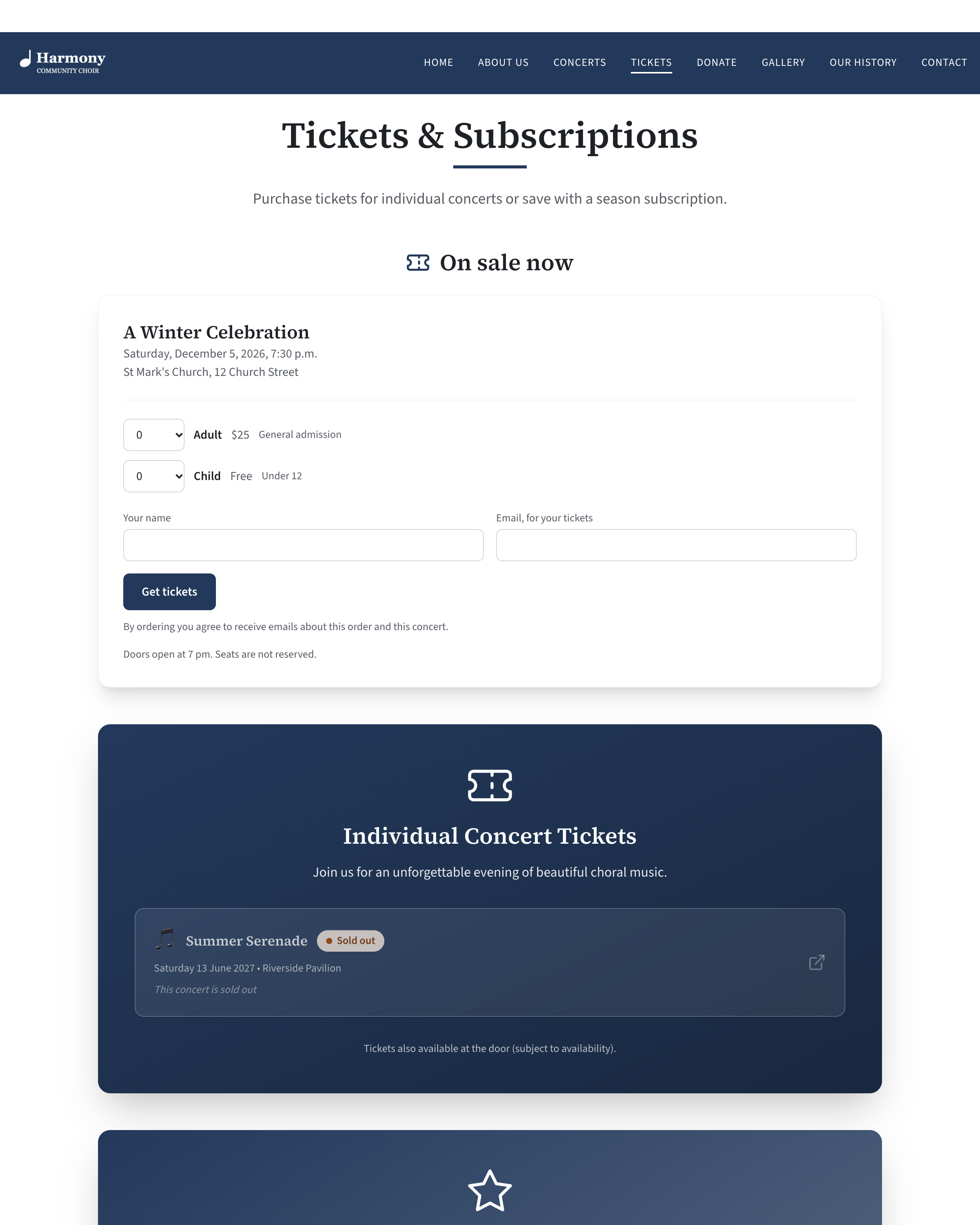 The order form on a site that does not take cards: two priced ticket types with quantities chosen, no payment choice, the button 'Reserve tickets' and beside it the amount to pay when you arrive