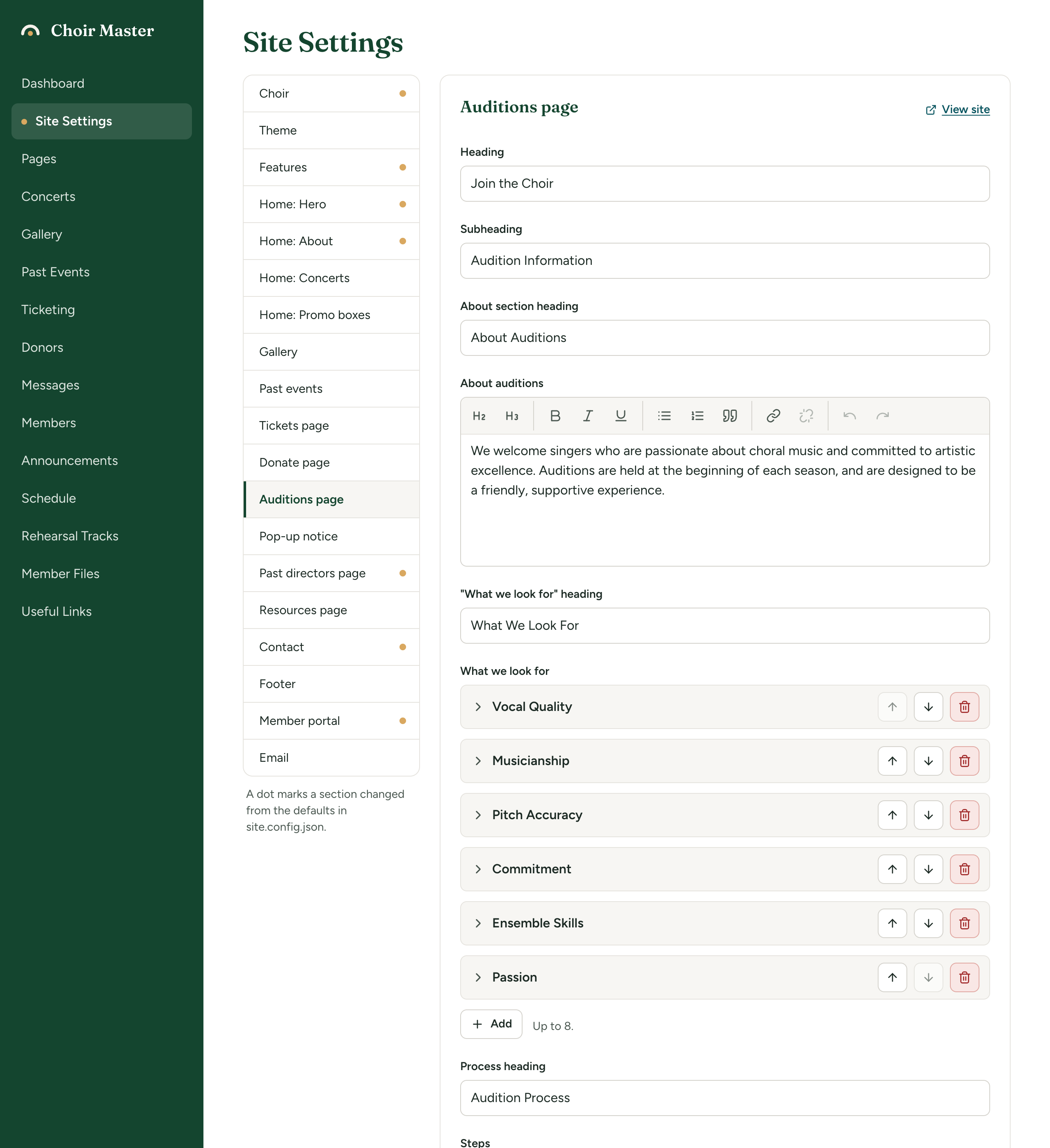 The Auditions page section of Site Settings with one entry of the Steps list open, showing Title, Text, Optional link label and Optional link, and one entry of the Questions list open, showing Question and Answer