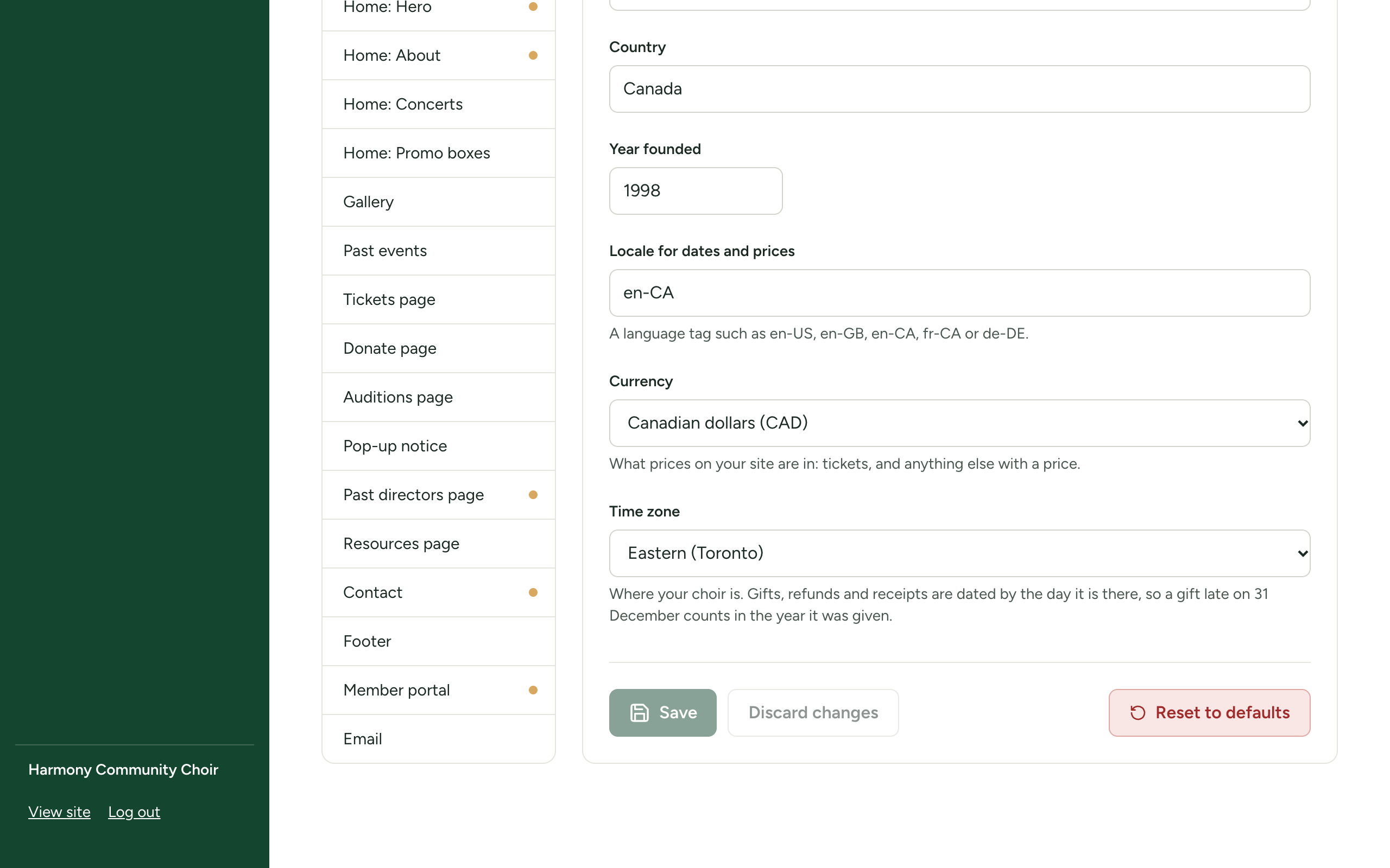 The lower part of the Choir section of Site Settings: Year founded, Locale for dates and prices, Currency and Time zone
