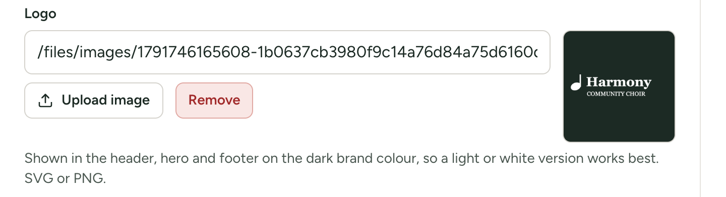 The Logo box in the Choir section of Site Settings, with the picture's address, the Upload image and Remove buttons, and a preview of the logo on a dark square