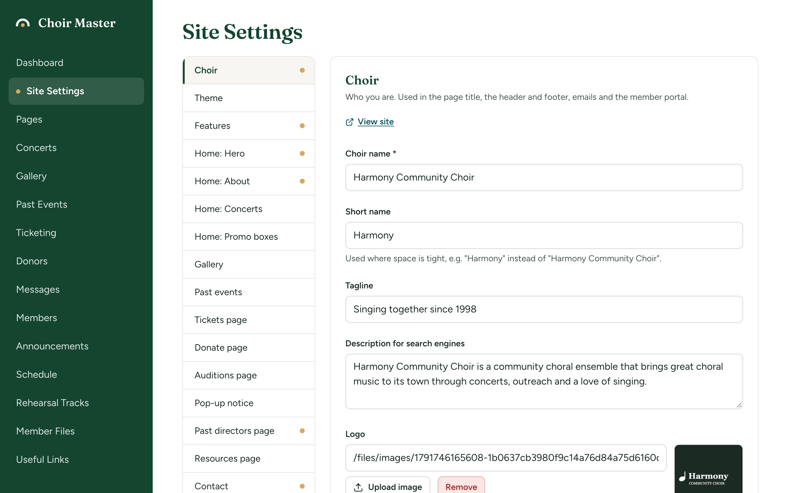 The top of the Choir section of Site Settings: Choir name, Short name, Tagline and Description for search engines