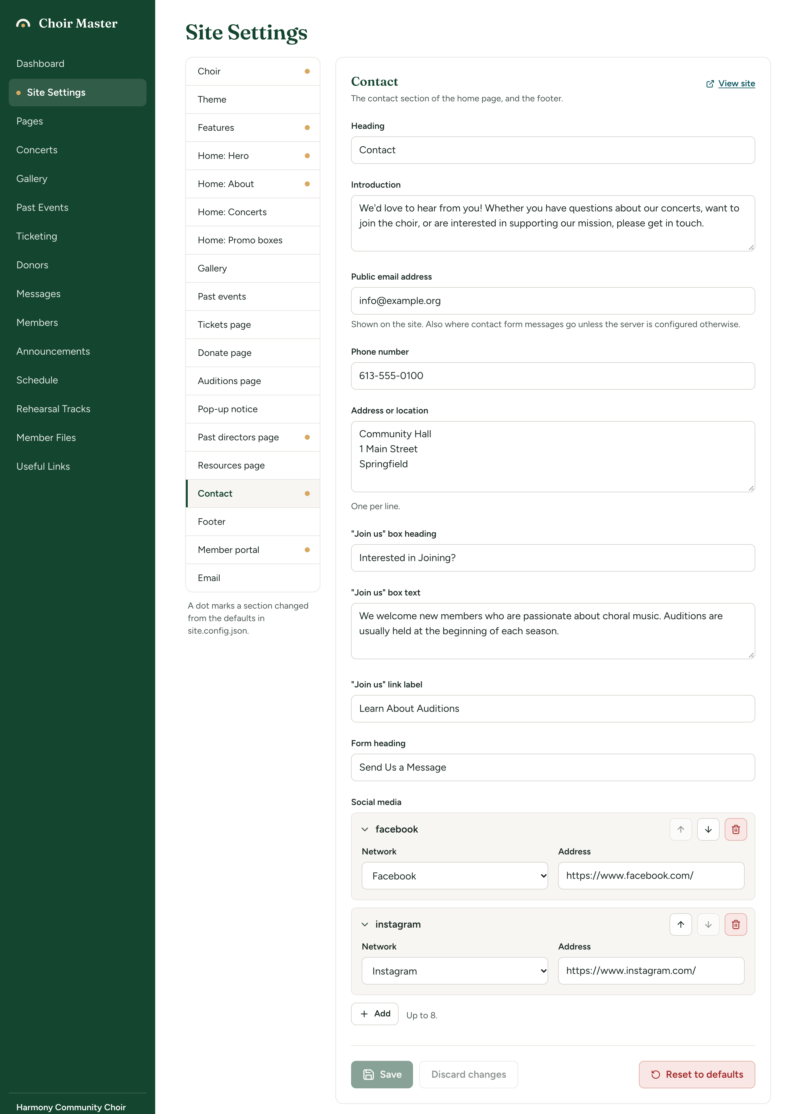 The Contact section of Site Settings with the Heading, Introduction, Public email address, Phone number and Address or location boxes filled in, and the Social media list with two entries