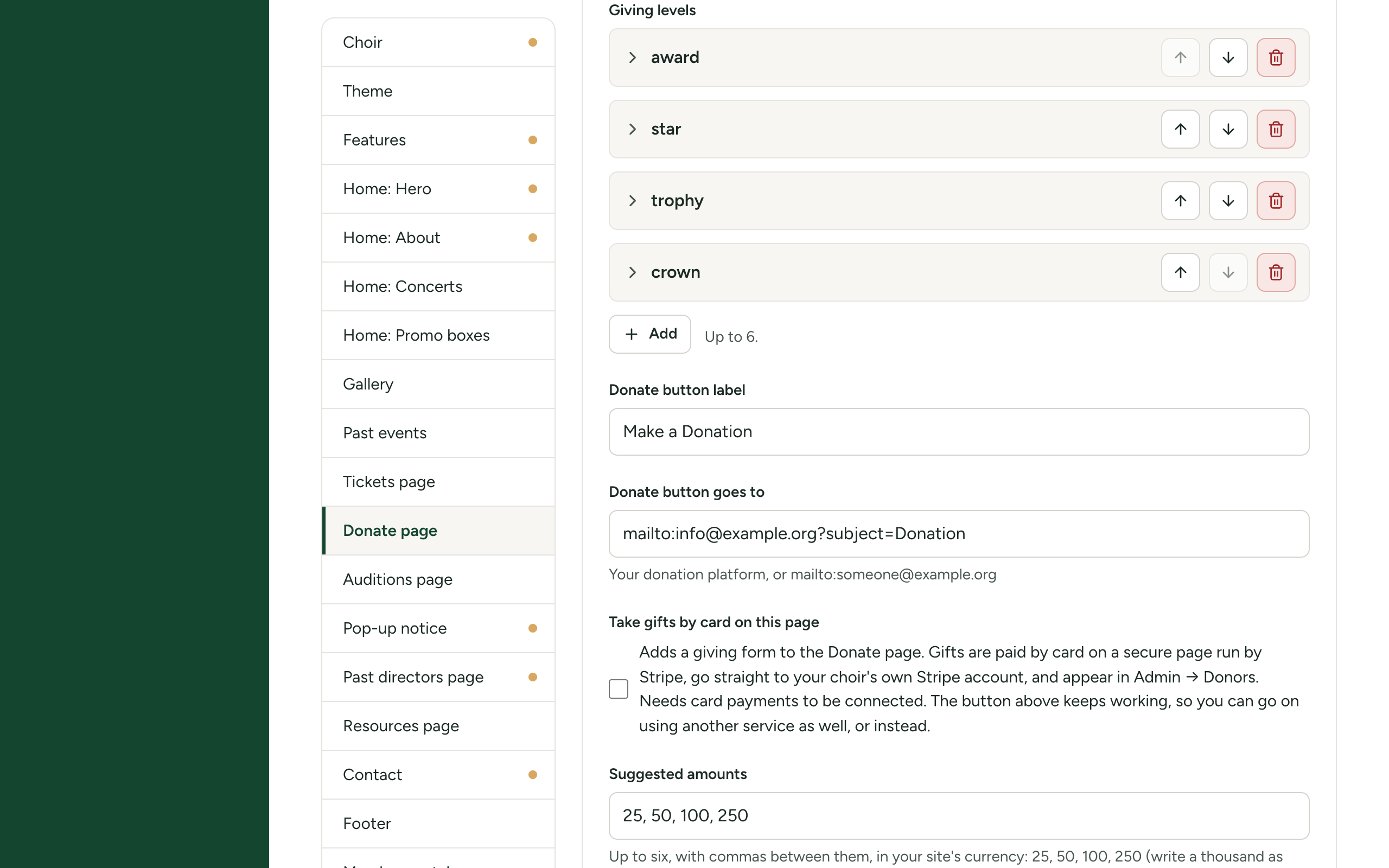 The Donate page section of Site Settings with the Giving levels list and the first level expanded, showing its Icon, Name, Amount and What it includes
