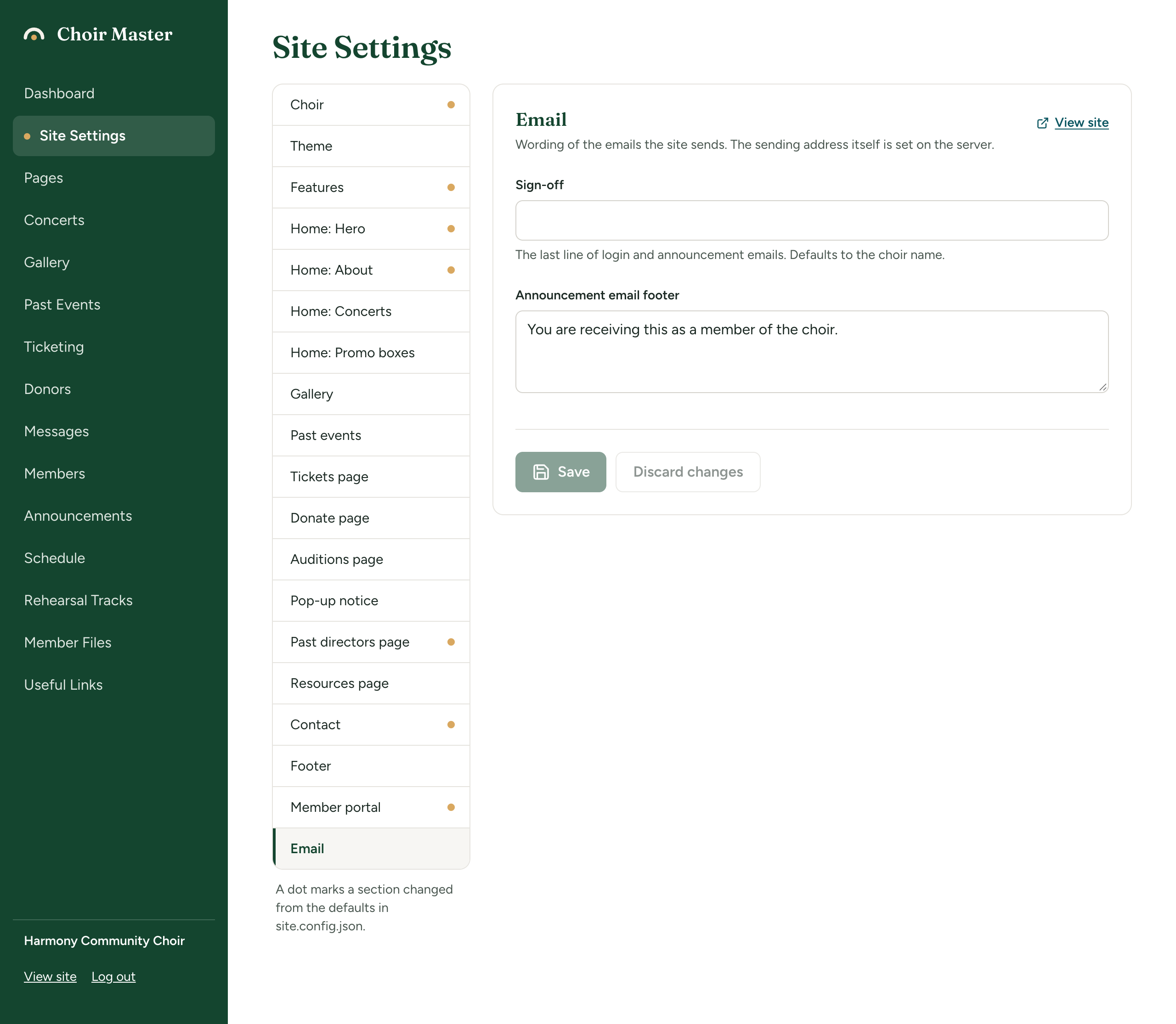 The Email section of Site Settings with the Sign-off box and the Announcement email footer box