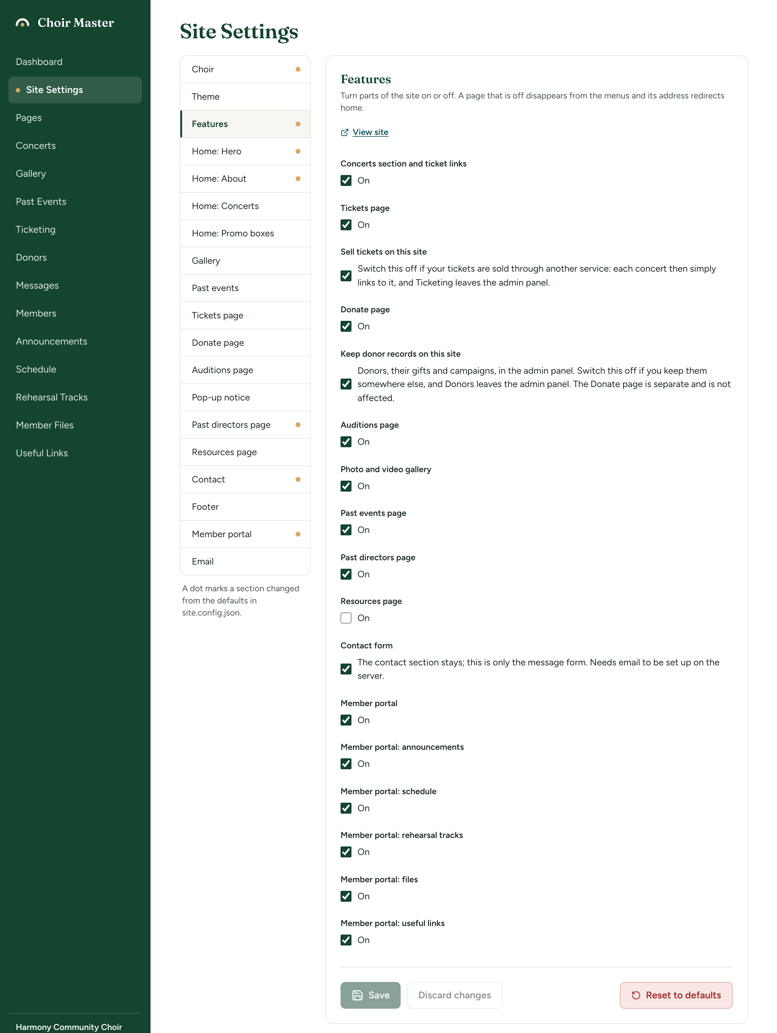 The Features section of Site Settings: seventeen tick boxes from Concerts section and ticket links down to Member portal: useful links, all ticked except Resources page