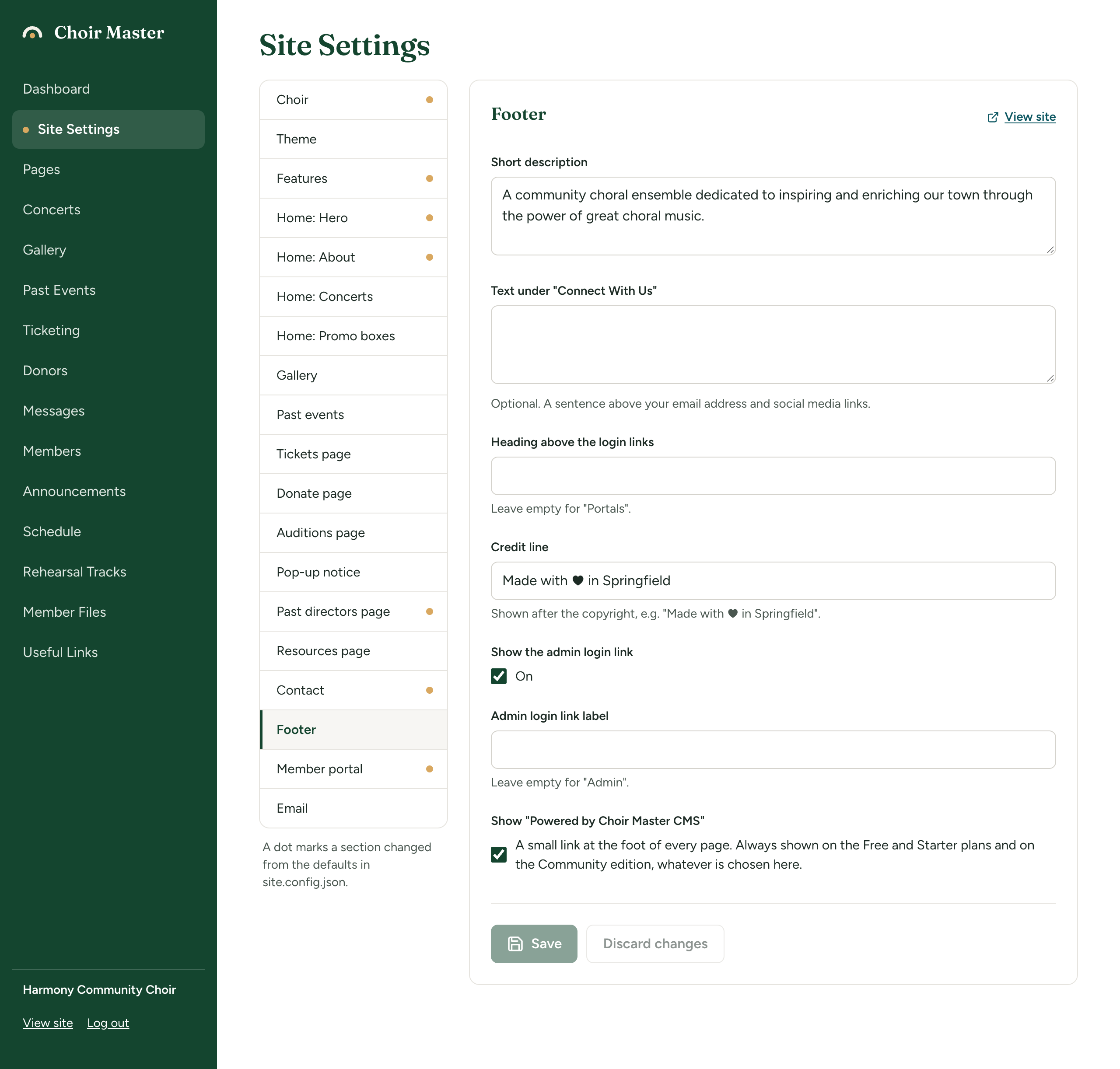 The Footer section of Site Settings: Short description, Text under Connect With Us, Heading above the login links, Credit line, the Show the admin login link tick box, Admin login link label and the Show Powered by Choir Master CMS tick box with its help text