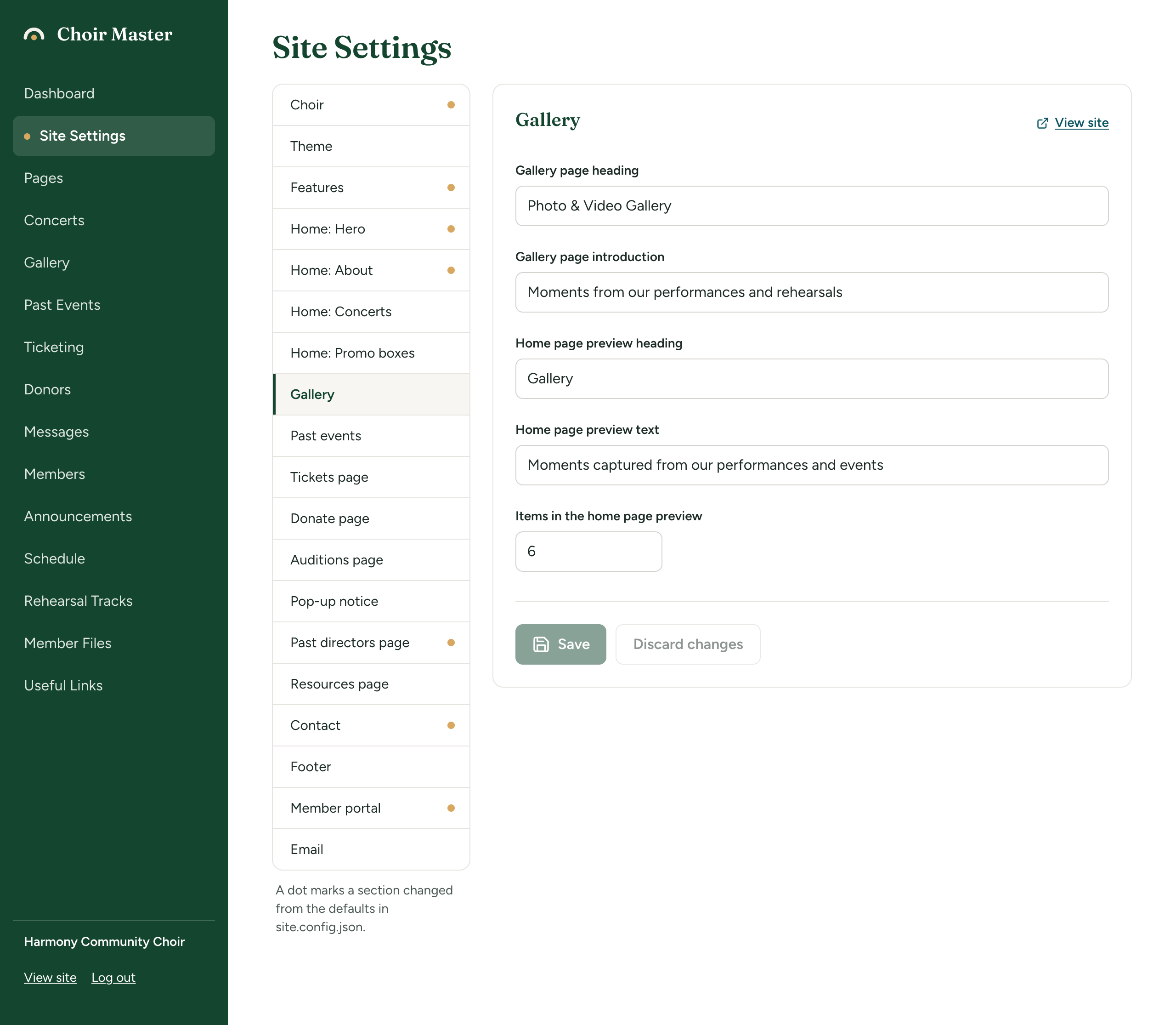 The Gallery section of Site Settings with its five settings: Gallery page heading, Gallery page introduction, Home page preview heading, Home page preview text and Items in the home page preview