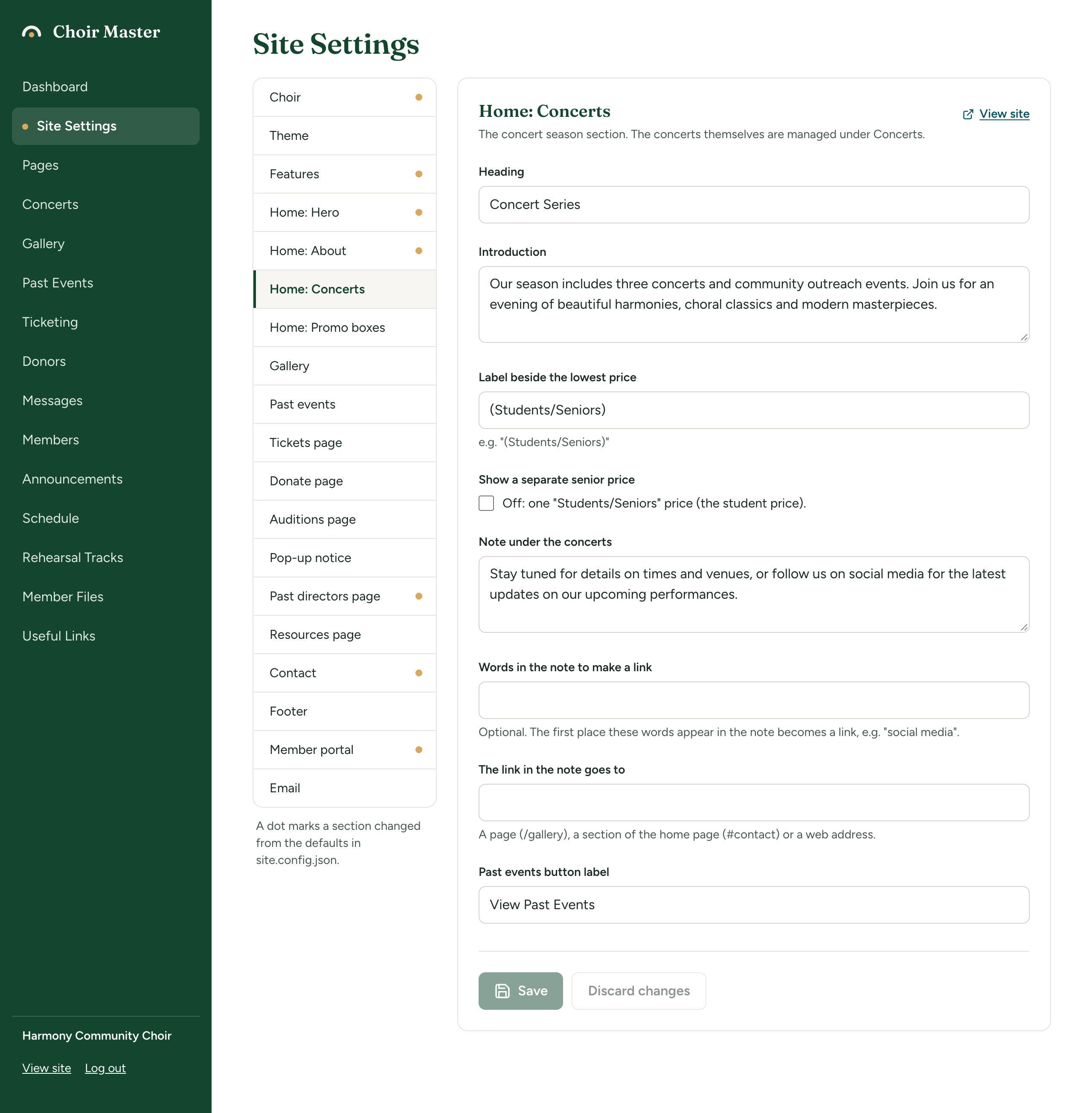 The Home: Concerts section of Site Settings, from Heading down to Past events button label