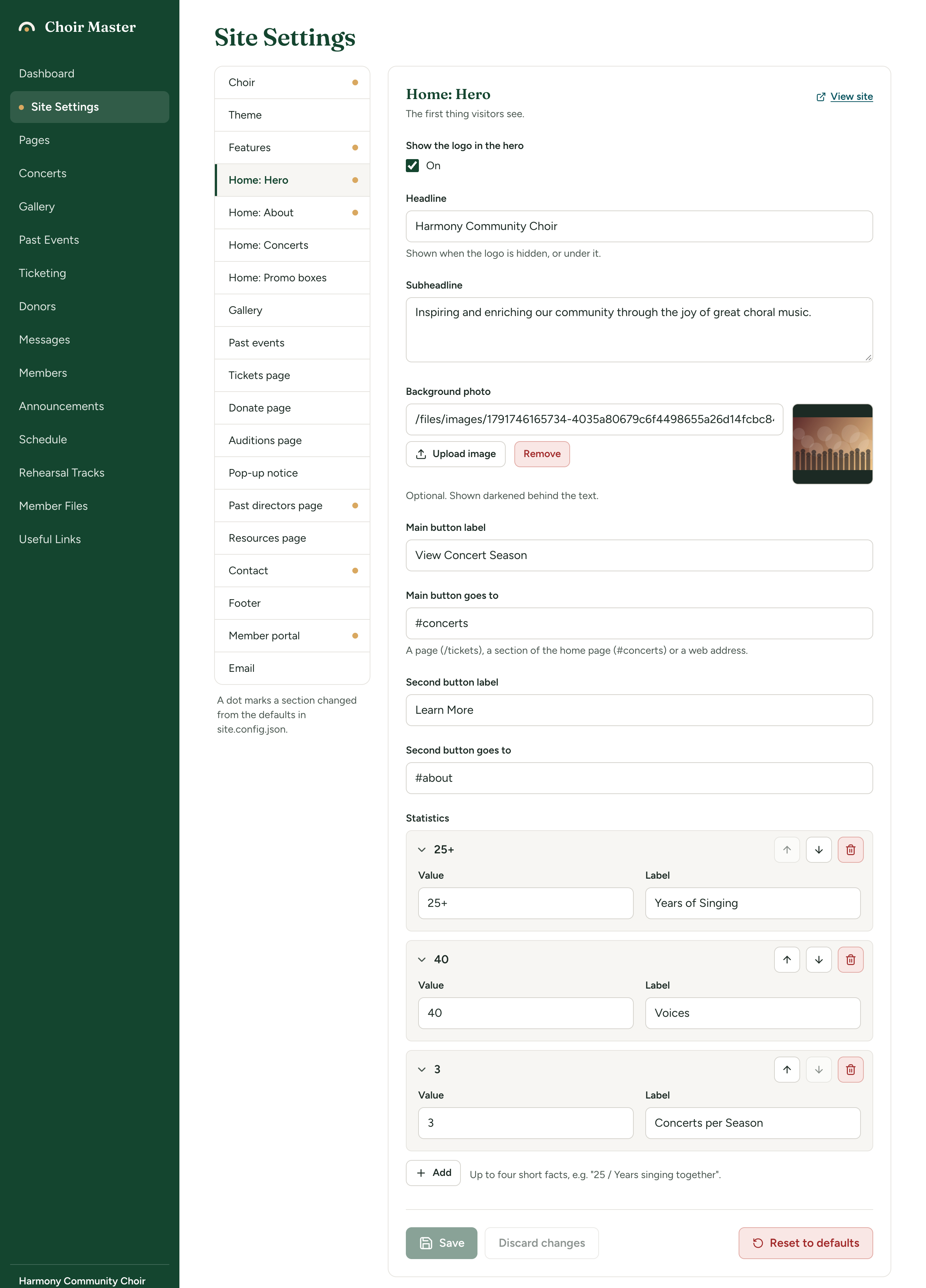 The Home: Hero section of Site Settings, from Show the logo in the hero down to the Statistics list