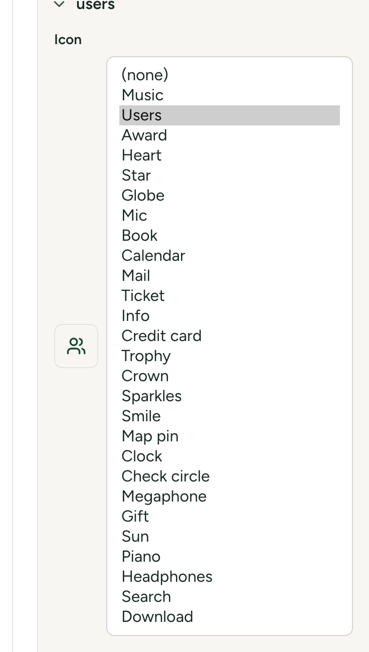 An Icon drop-down open in Site Settings, listing the icon names, with the chosen icon shown in the square beside it