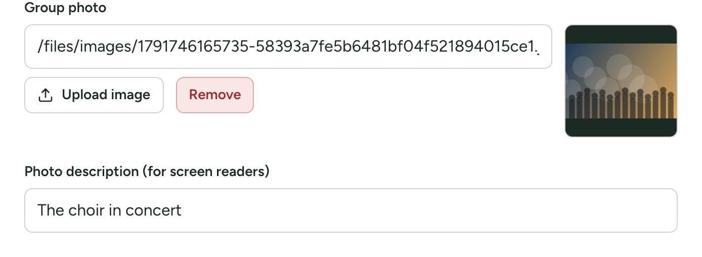 A picture box in Site Settings with an address in it, the Upload image and Remove buttons, and a small preview of the picture