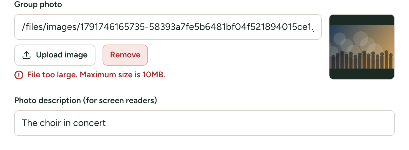 A picture box in Site Settings with the red message File too large. Maximum size is 10MB. under its buttons