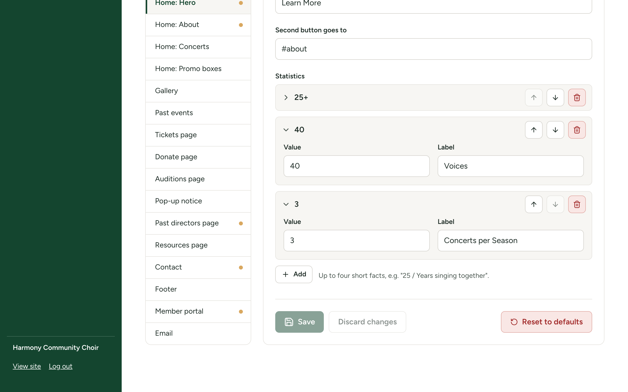 A list in Site Settings with two entries, the first collapsed to its title and the second open, showing the Move up, Move down and Remove buttons on each and the Add button underneath