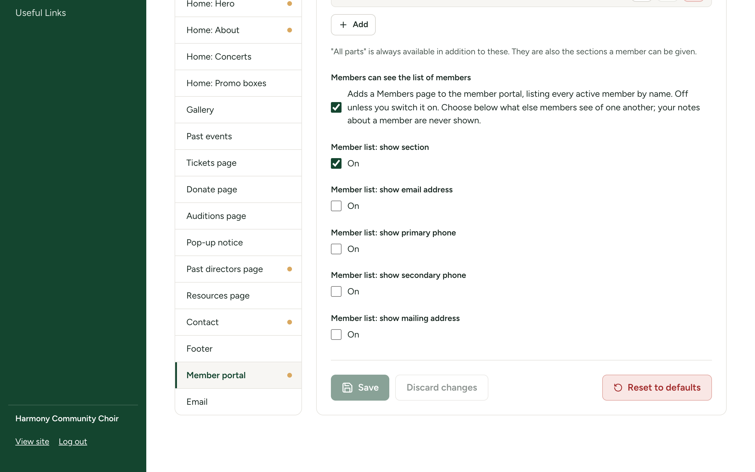 The Member portal section of Site Settings showing Members can see the list of members and the five Member list switches