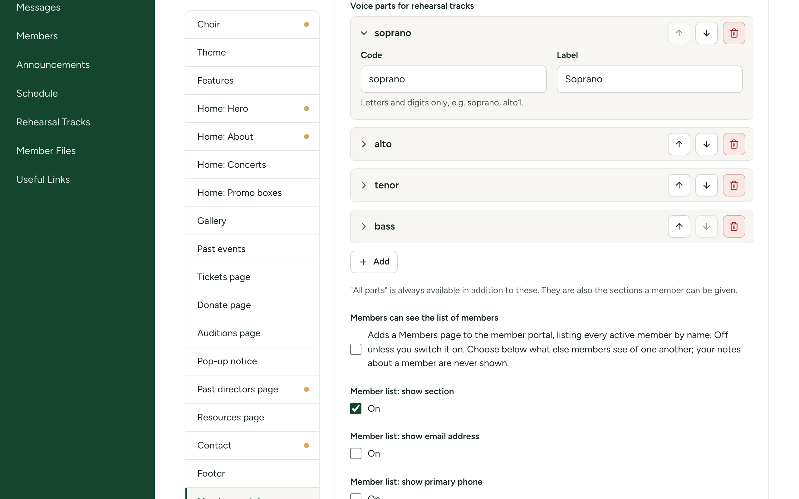 The Voice parts for rehearsal tracks list in the Member portal section of Site Settings, with four parts and the Add button
