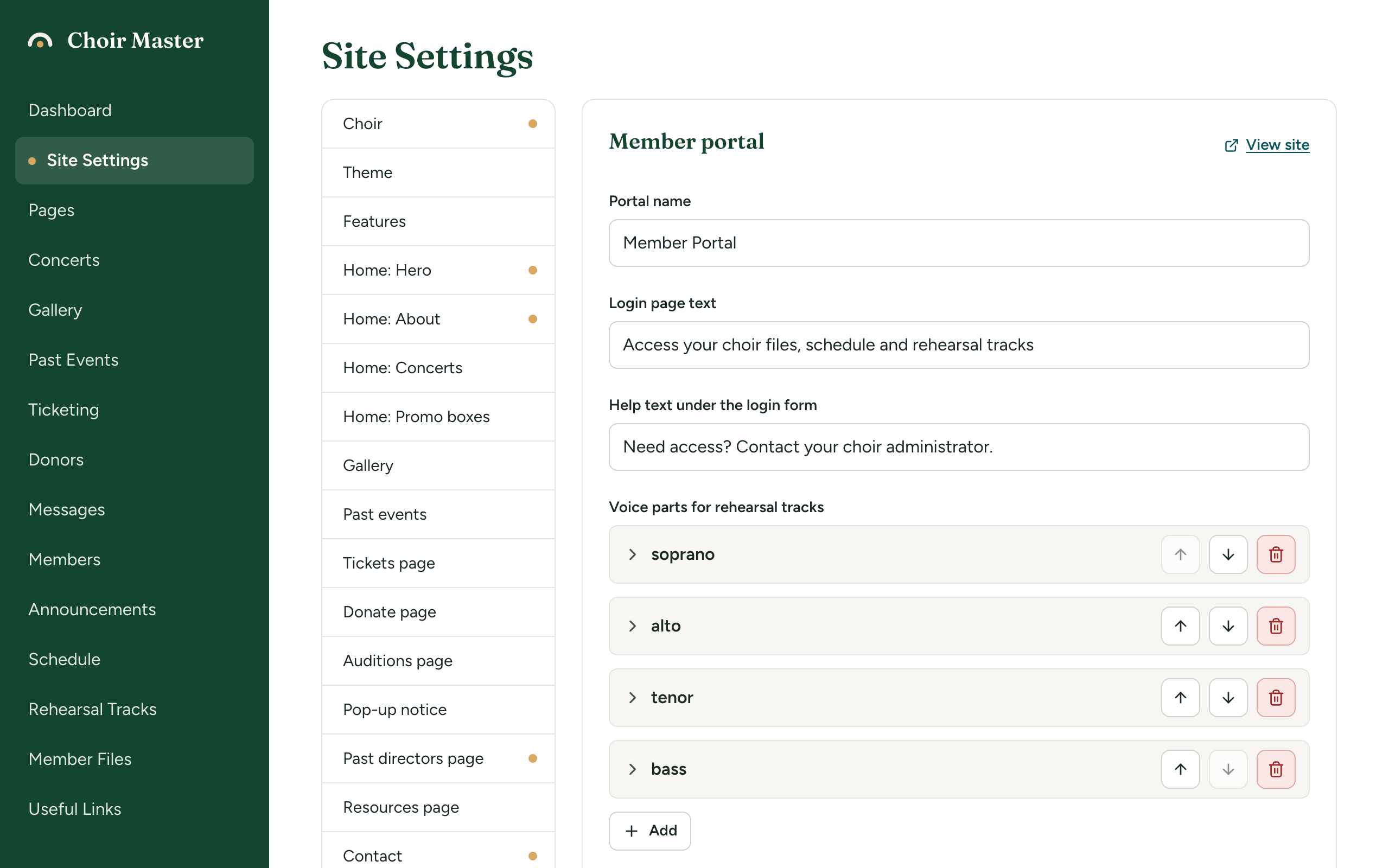 The Member portal section of Site Settings, showing Portal name, Login page text and Help text under the login form