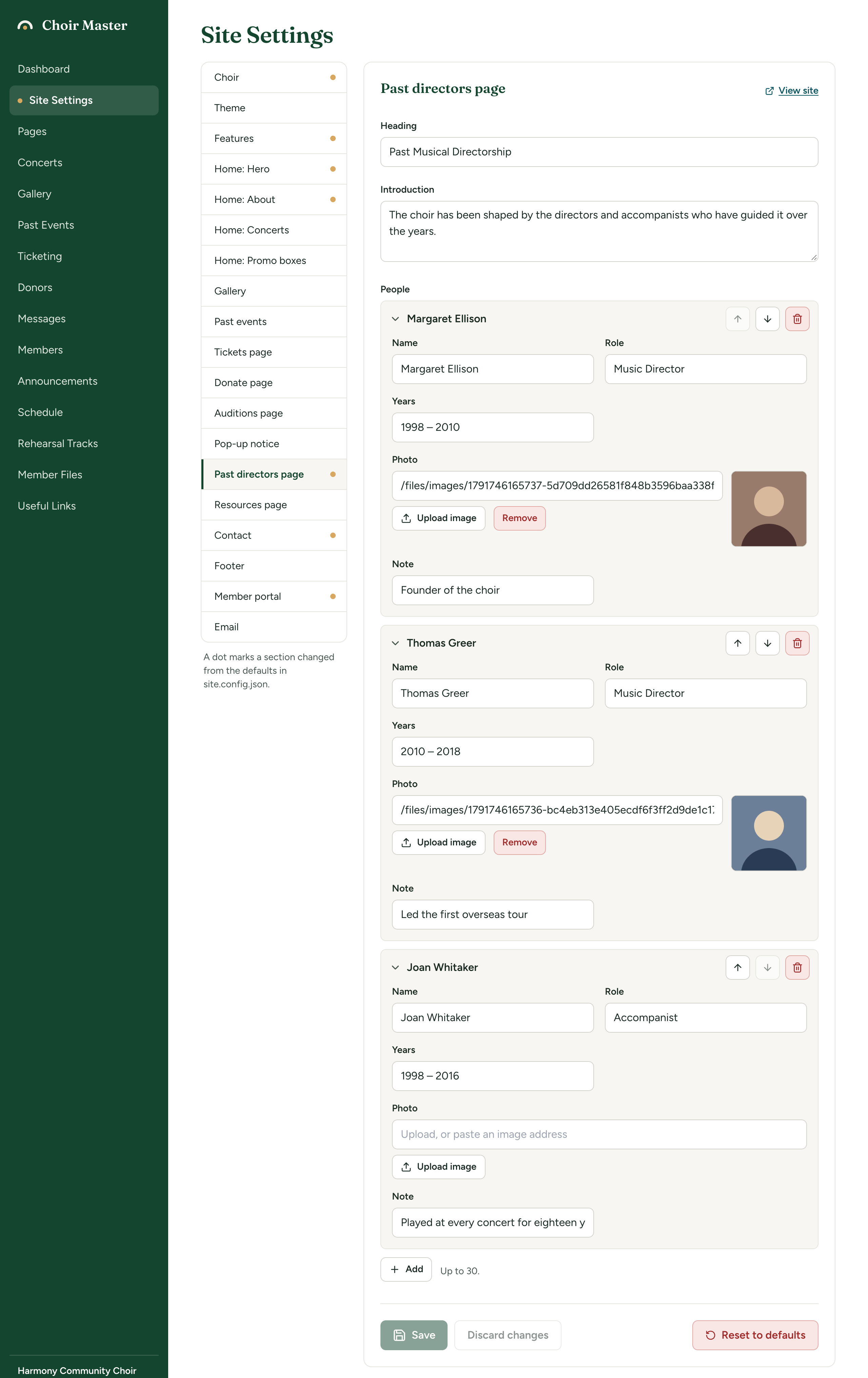 The Past directors page section of Site Settings with one person open in the People list, showing Name, Role, Years, Photo and Note