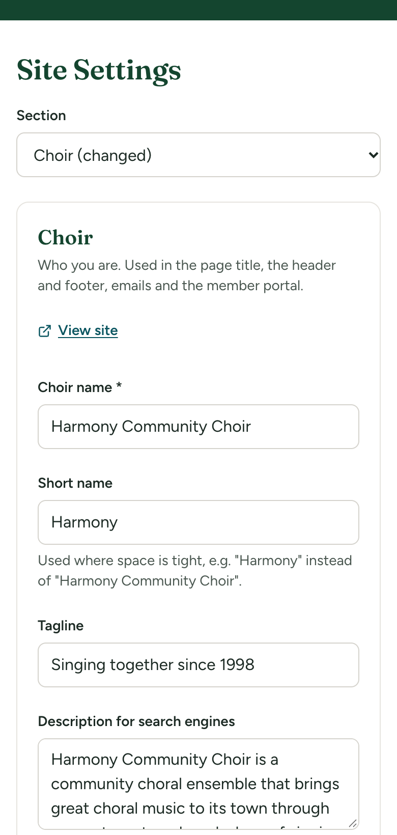 Site Settings at phone width, with the Section drop-down at the top in place of the list