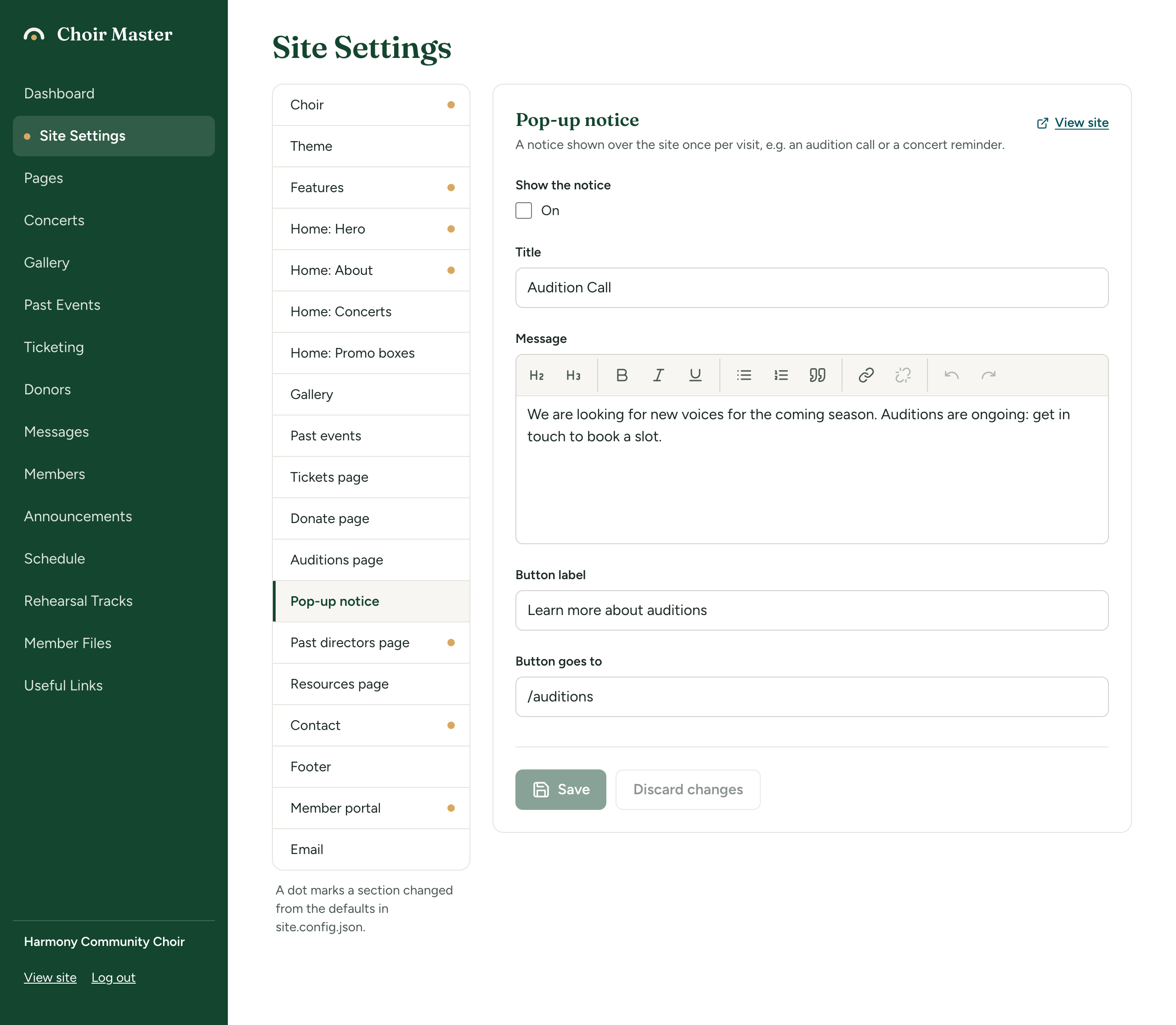The Pop-up notice section of Site Settings with Show the notice ticked and the Title, Message, Button label and Button goes to boxes filled in