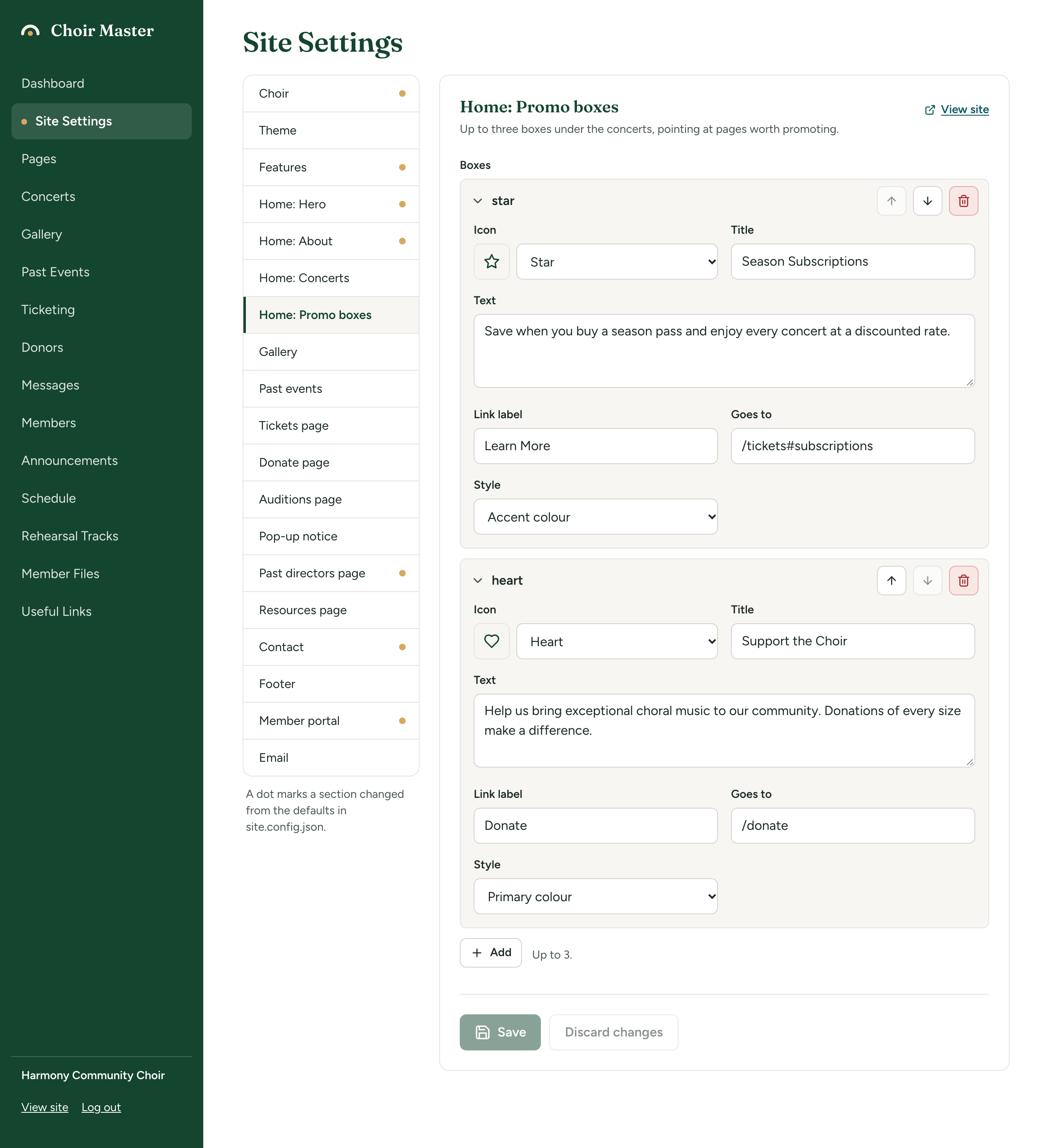 The Home: Promo boxes section of Site Settings with one box open, showing the Icon, Title, Text, Link label, Goes to and Style boxes