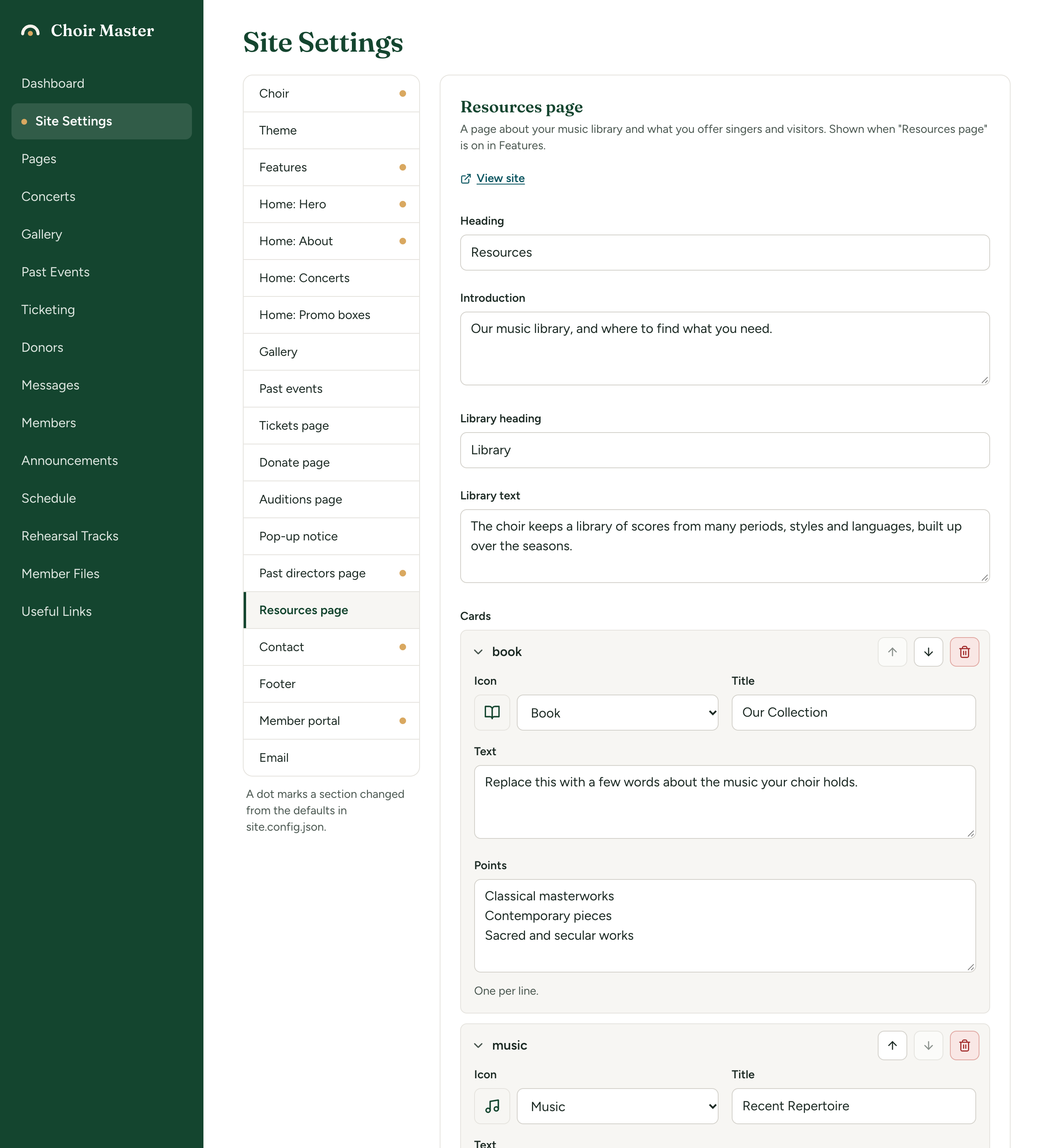 The Resources page section of Site Settings with one card open in the Cards list, showing Icon, Title, Text and Points with one point per line
