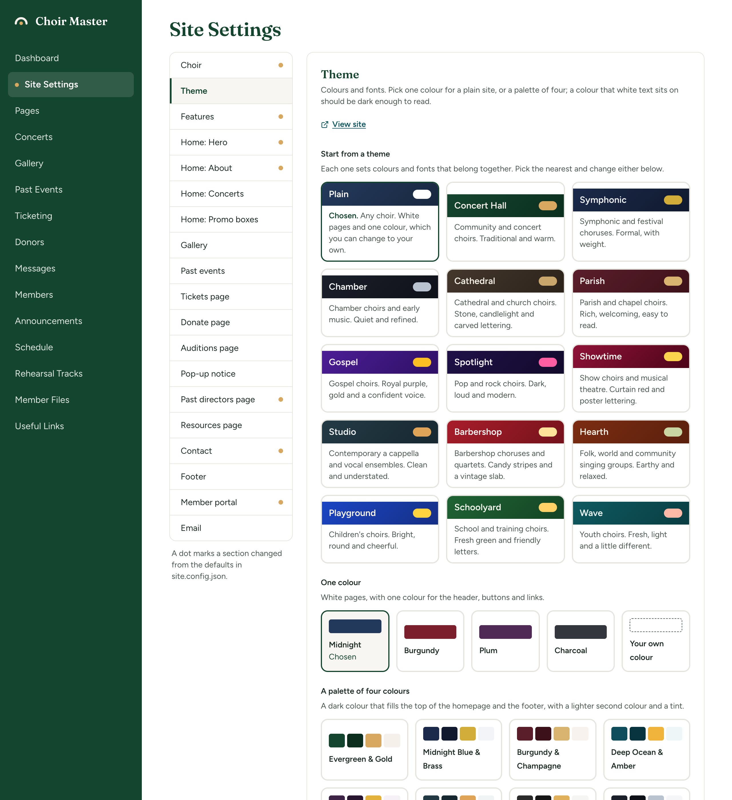 The Theme section of Site Settings showing the Start from a theme cards, each with its name on a band of its colours and a line of description, one of them marked Chosen