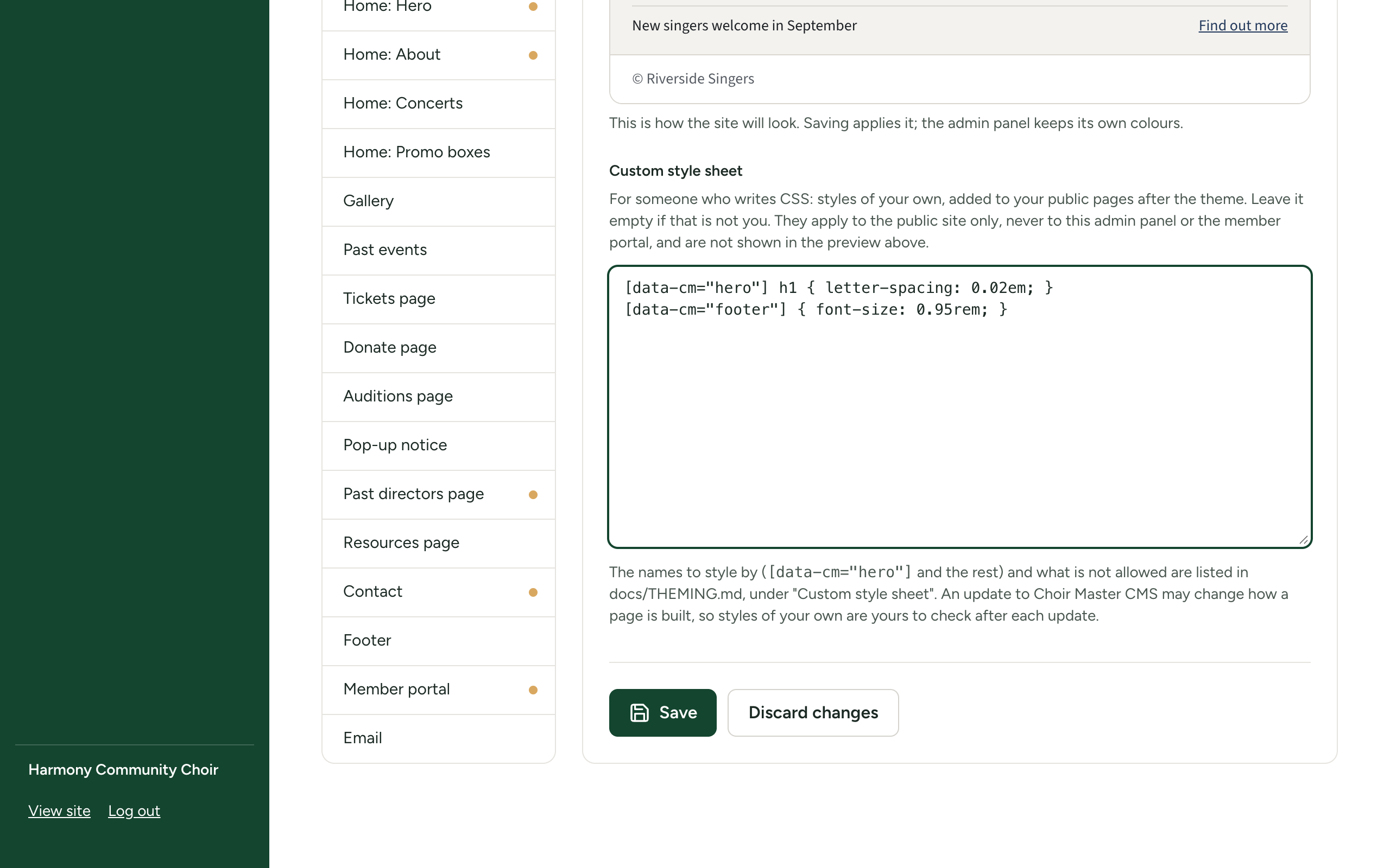 The Custom style sheet box at the foot of the Theme section, holding a few lines of CSS, with its introduction above and the note about docs/THEMING.md below