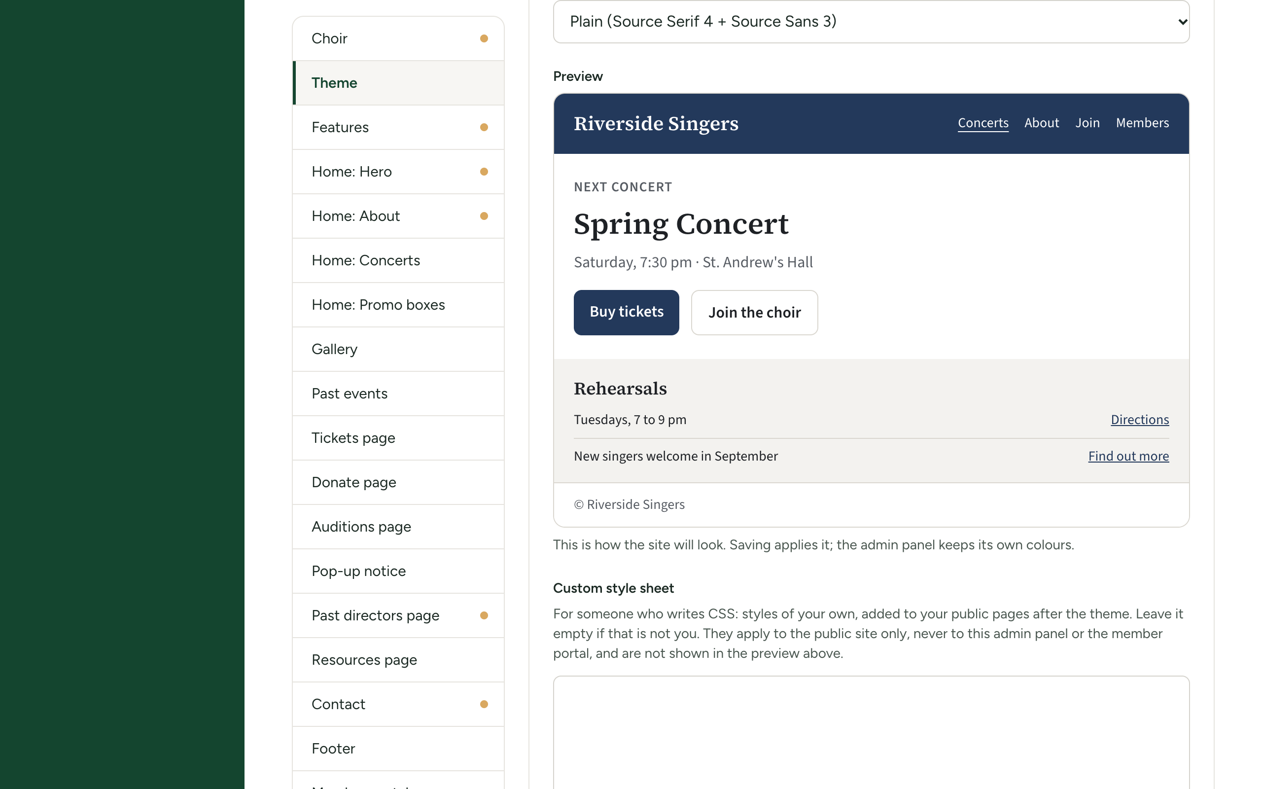The Fonts drop-down in the Theme section of Site Settings, open and listing the font pairings, with the Preview panel below it
