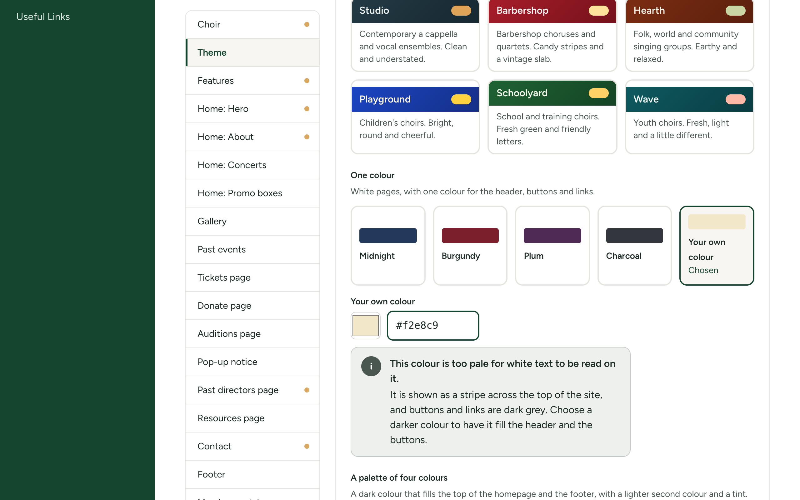 The One colour part of the Theme section with Your own colour selected, a pale colour in the box, and the notice that the colour is too pale for white text