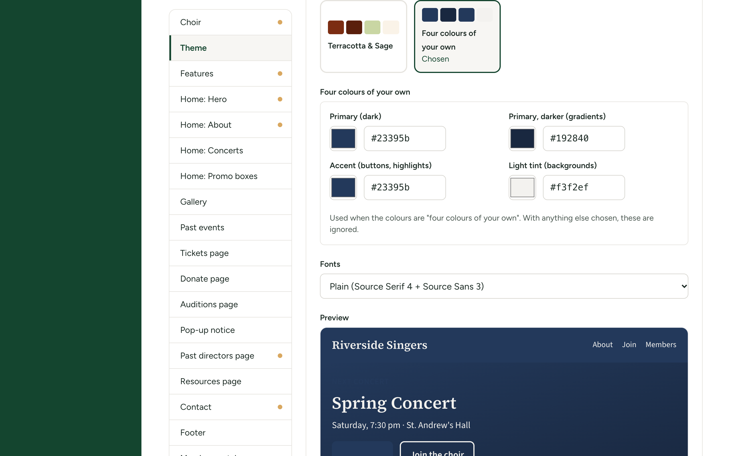 The A palette of four colours part of the Theme section with Four colours of your own selected, and underneath the four boxes Primary (dark), Primary, darker (gradients), Accent (buttons, highlights) and Light tint (backgrounds)