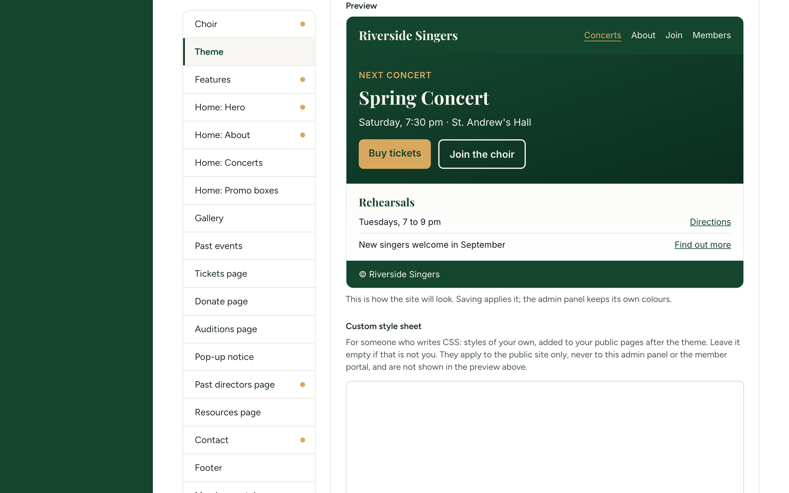 The Preview panel of the Theme section: a small sample page with a menu bar, a Next concert block with two buttons, a Rehearsals block and a footer line, drawn in the selected theme