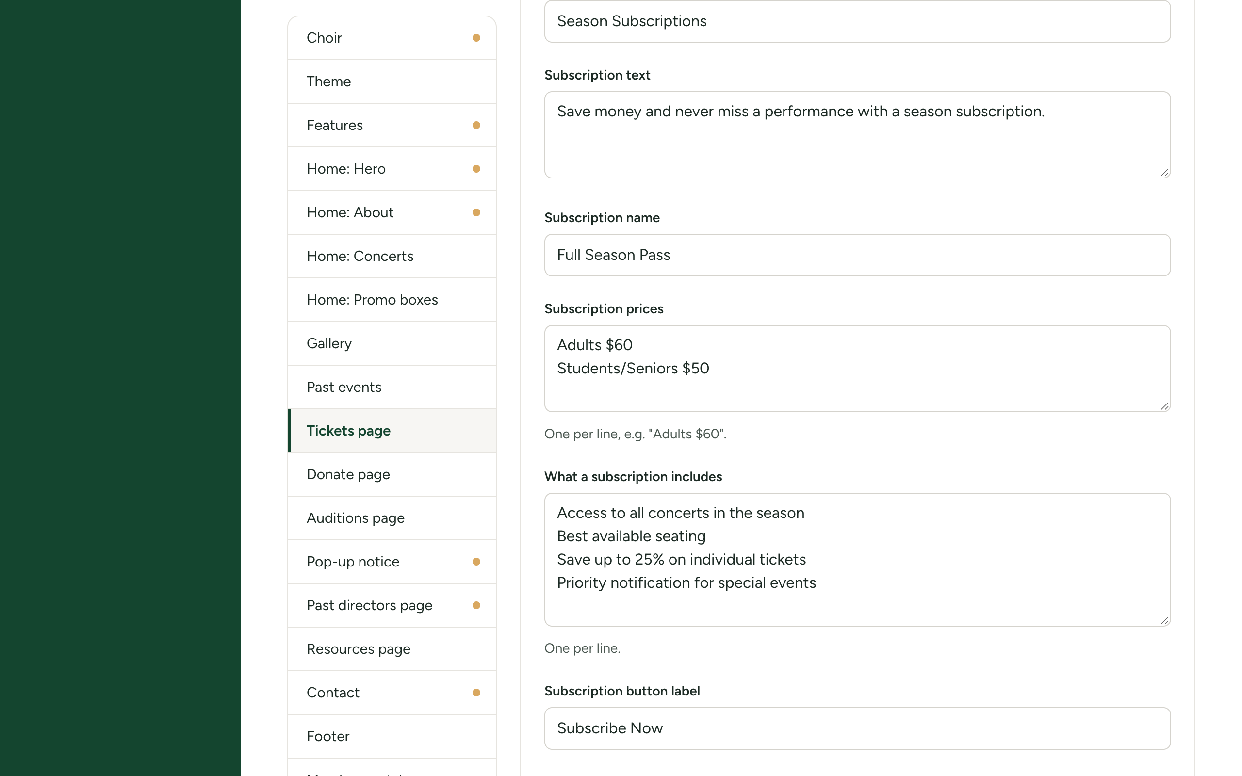 Site Settings with the Tickets page section open, showing the season subscription fields: the tick box, the heading, the text, the name, the prices and what a subscription includes