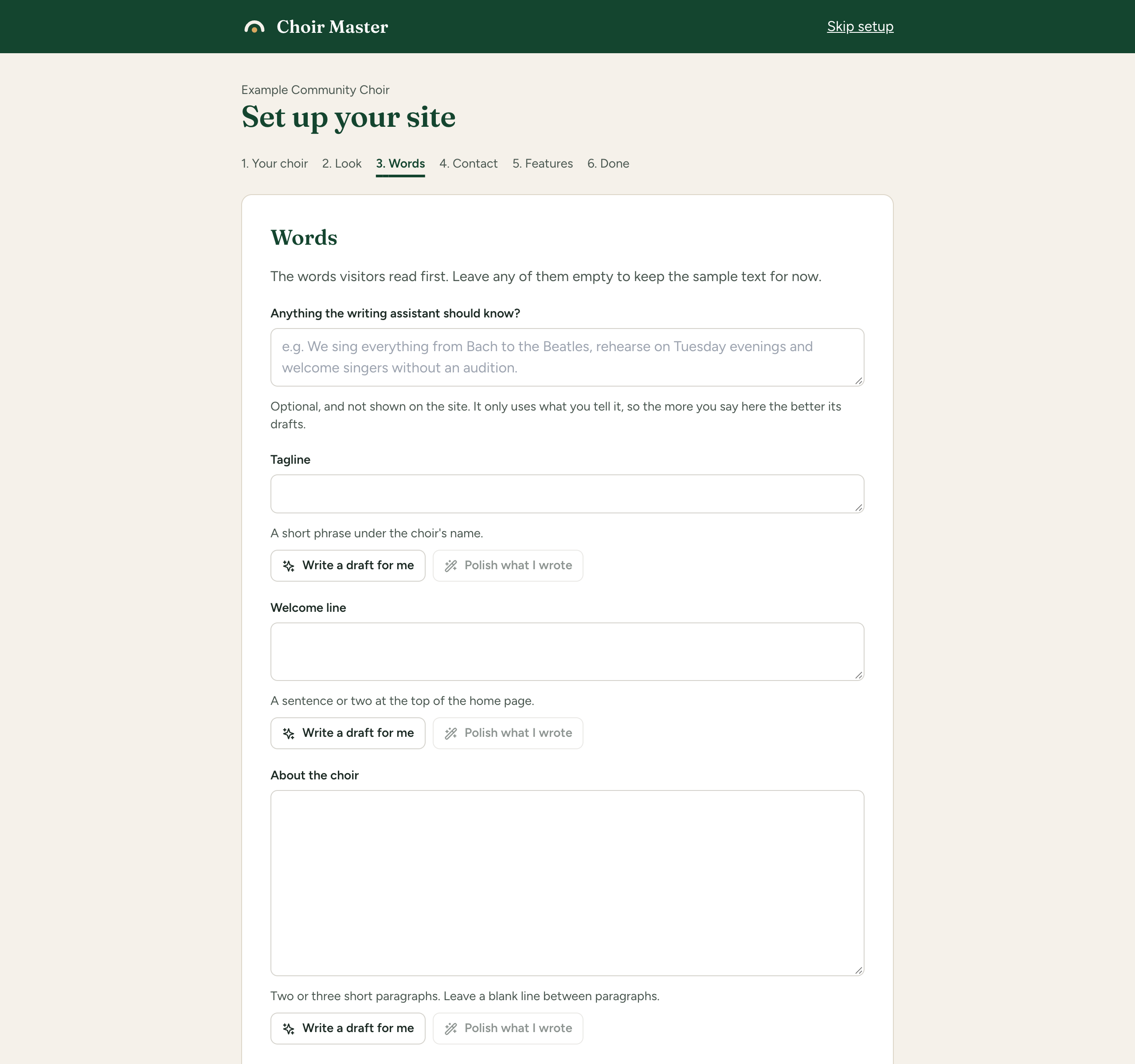 Step 3 of the guided setup with the Write a draft for me and Polish what I wrote buttons under the Tagline box