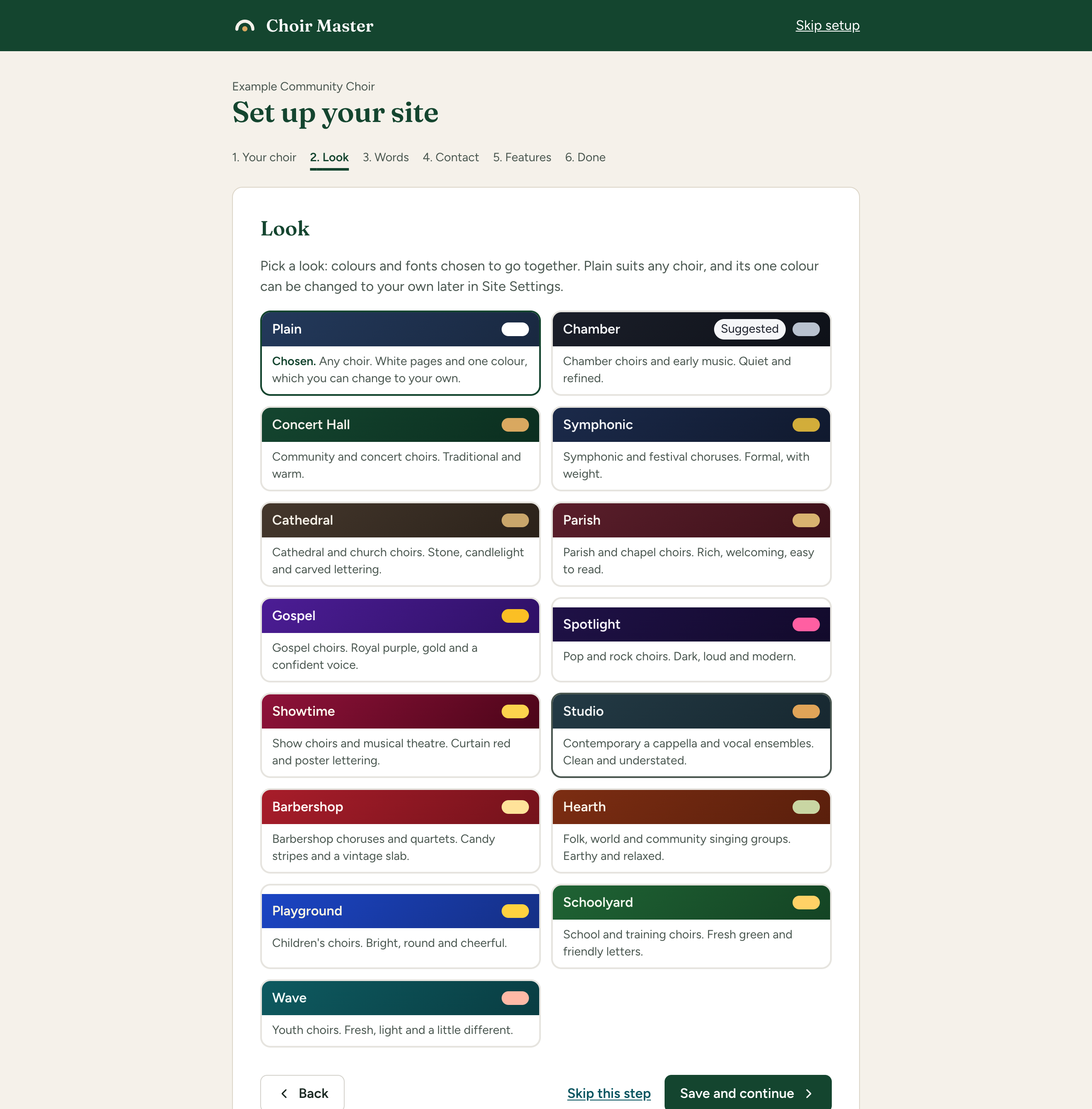 Step 2 of the guided setup, Look, with a grid of theme cards, one marked Suggested and another marked Chosen