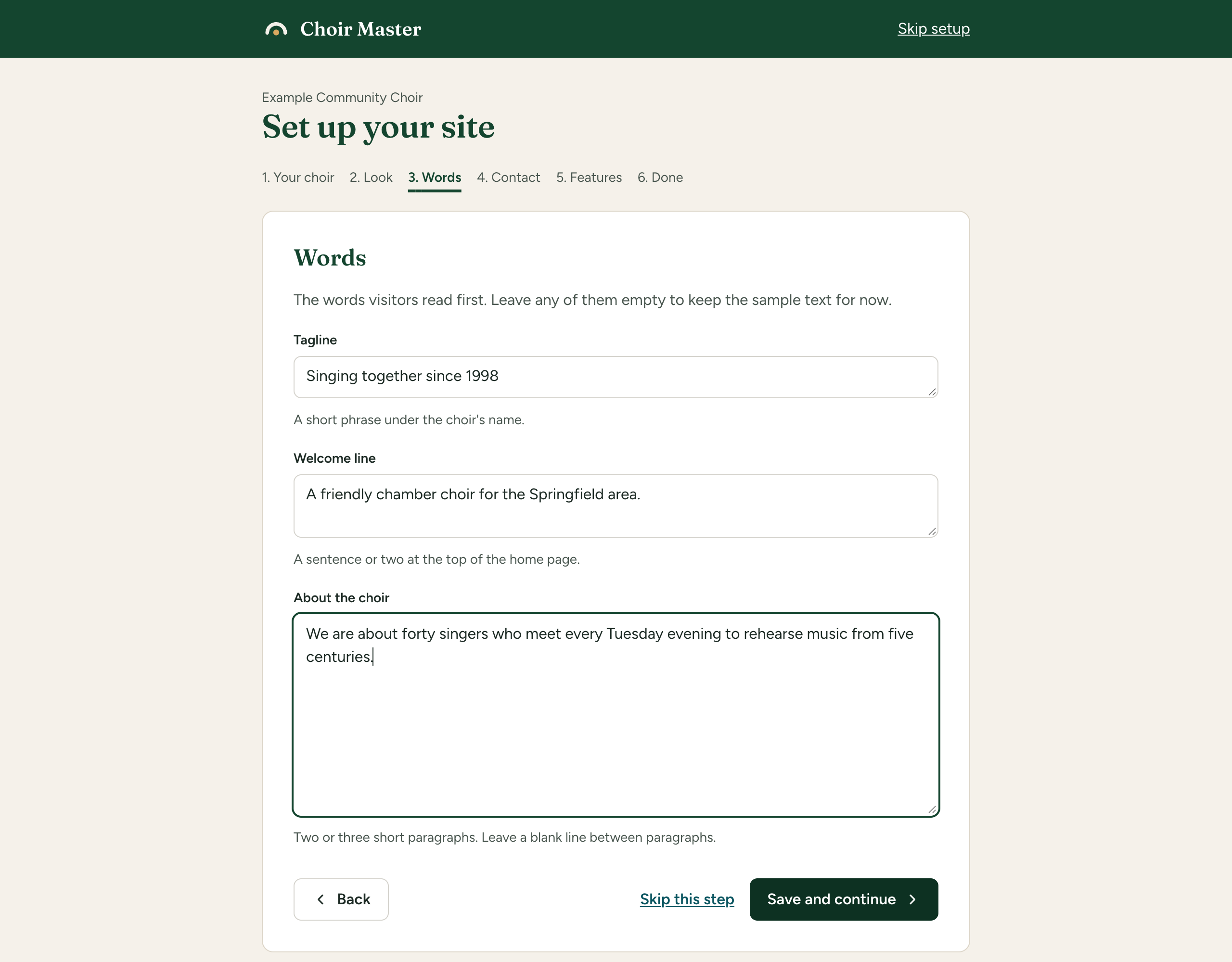 Step 3 of the guided setup, Words, with boxes for the tagline, the welcome line and About the choir