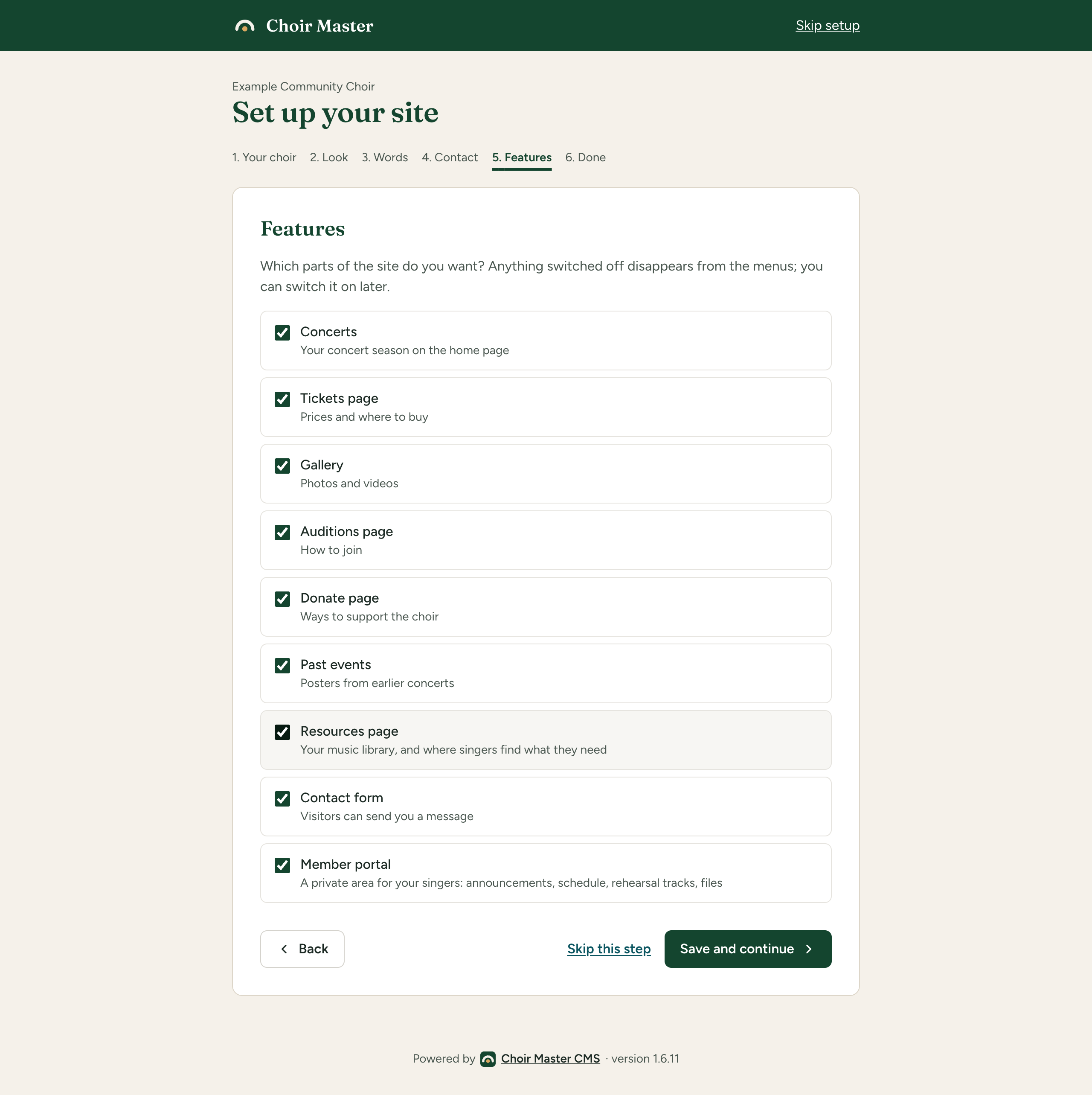 Step 5 of the guided setup, Features, with a tick box and a one-line description for each part of the site