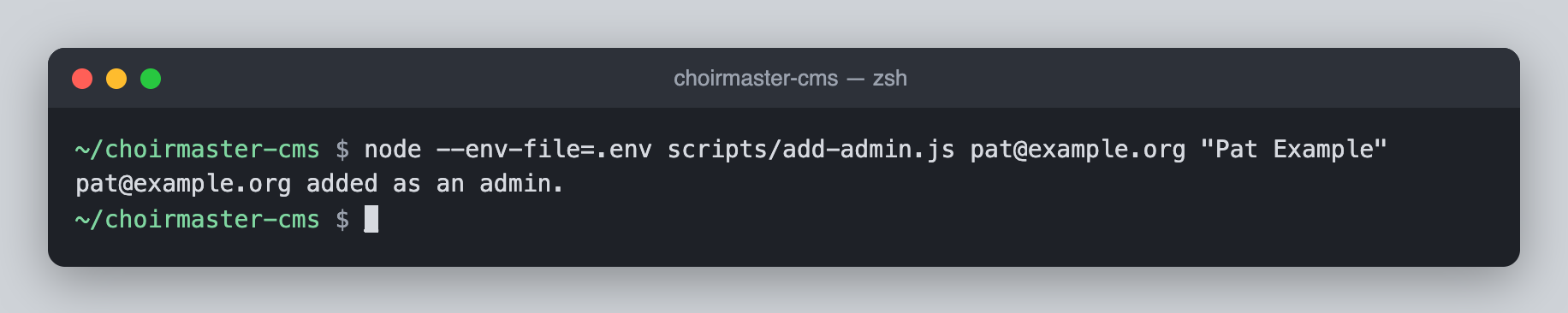 A terminal running the add-admin script with an address and name, printing that the address was added as an admin
