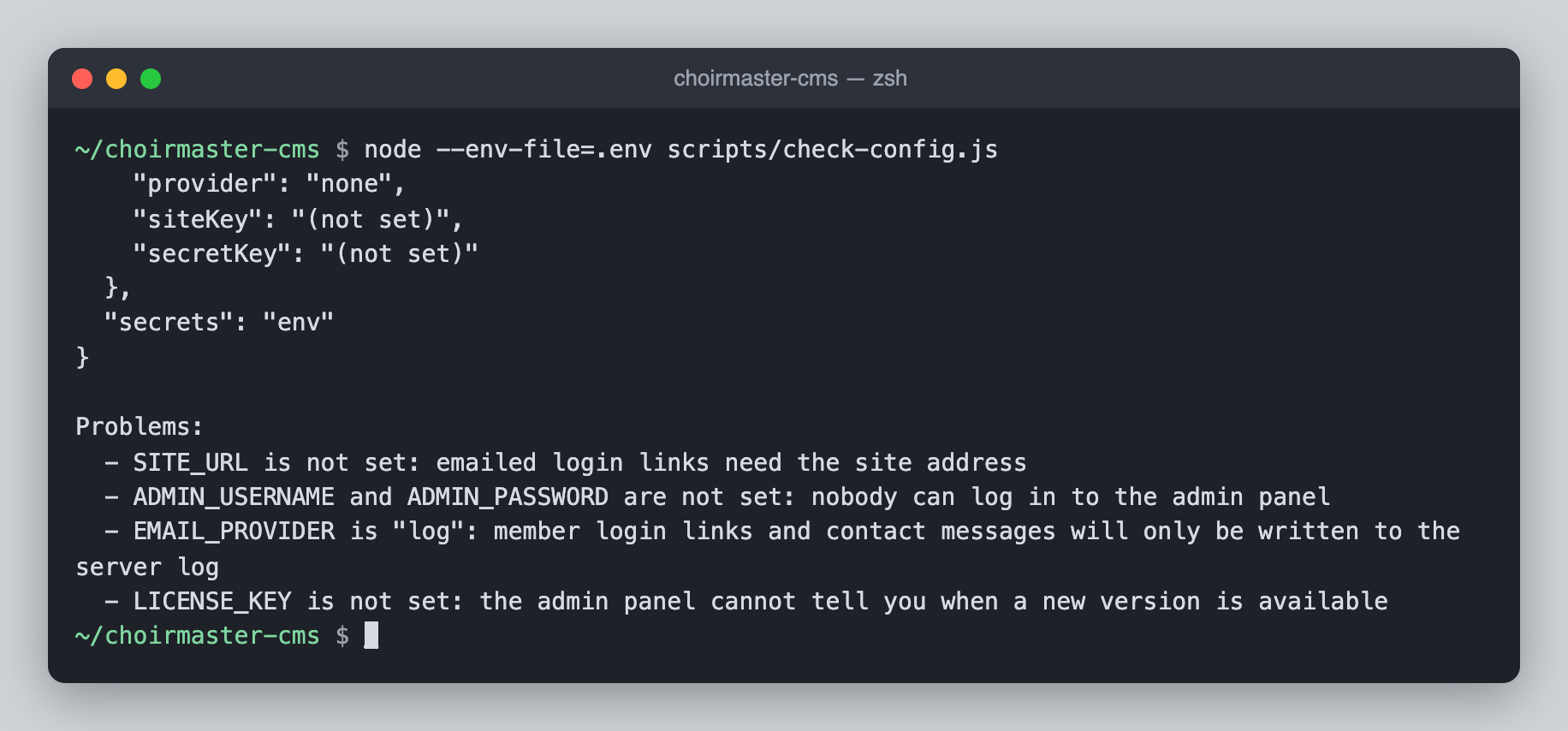 A terminal running the configuration check with a Problems list of several lines at the end